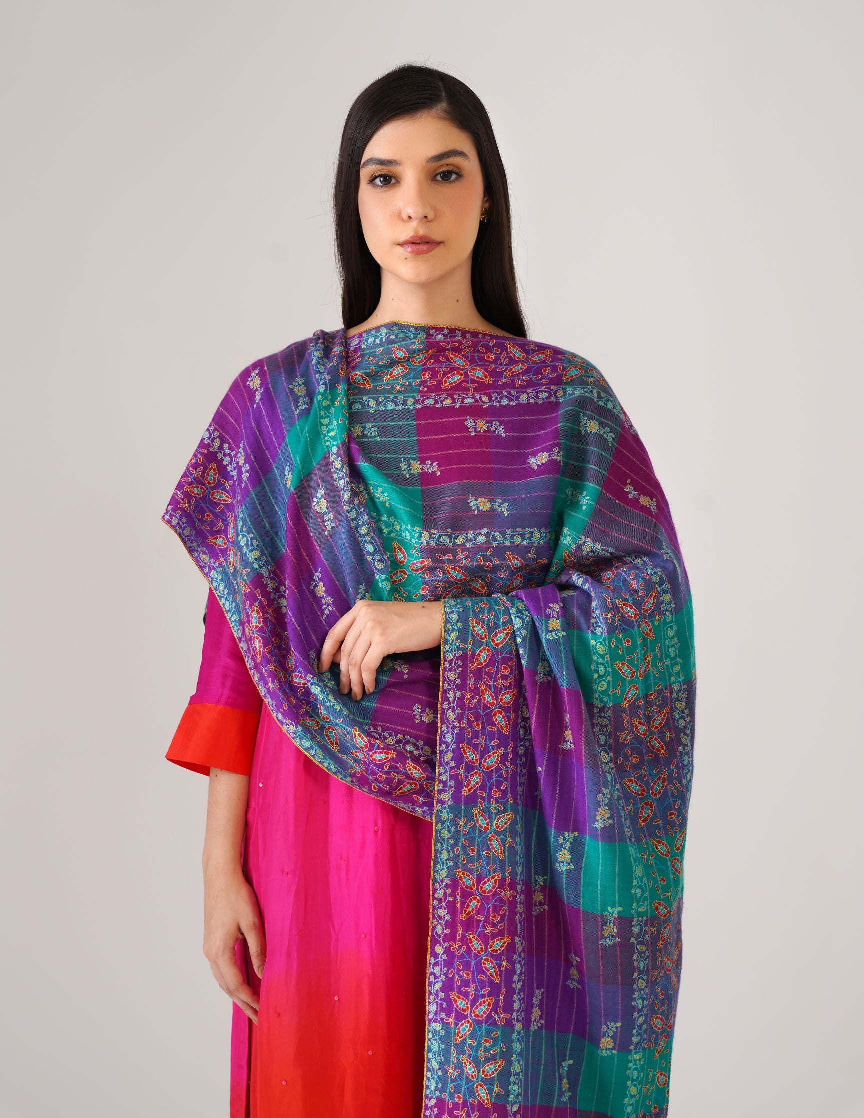 Kashmiri Handwoven Pashmina Sozni Stole Modern Checkered – Natural Undyed | Handwoven Heritage (Copy)