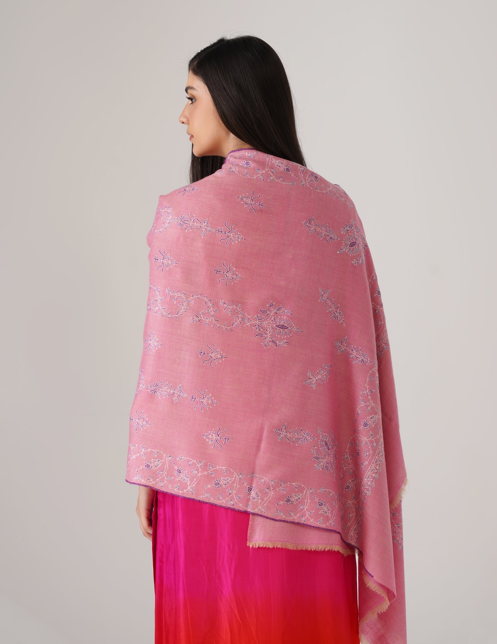 Kashmiri Handwoven Pashmina Sozni Stole Modern Design – Pink | Handwoven Heritage