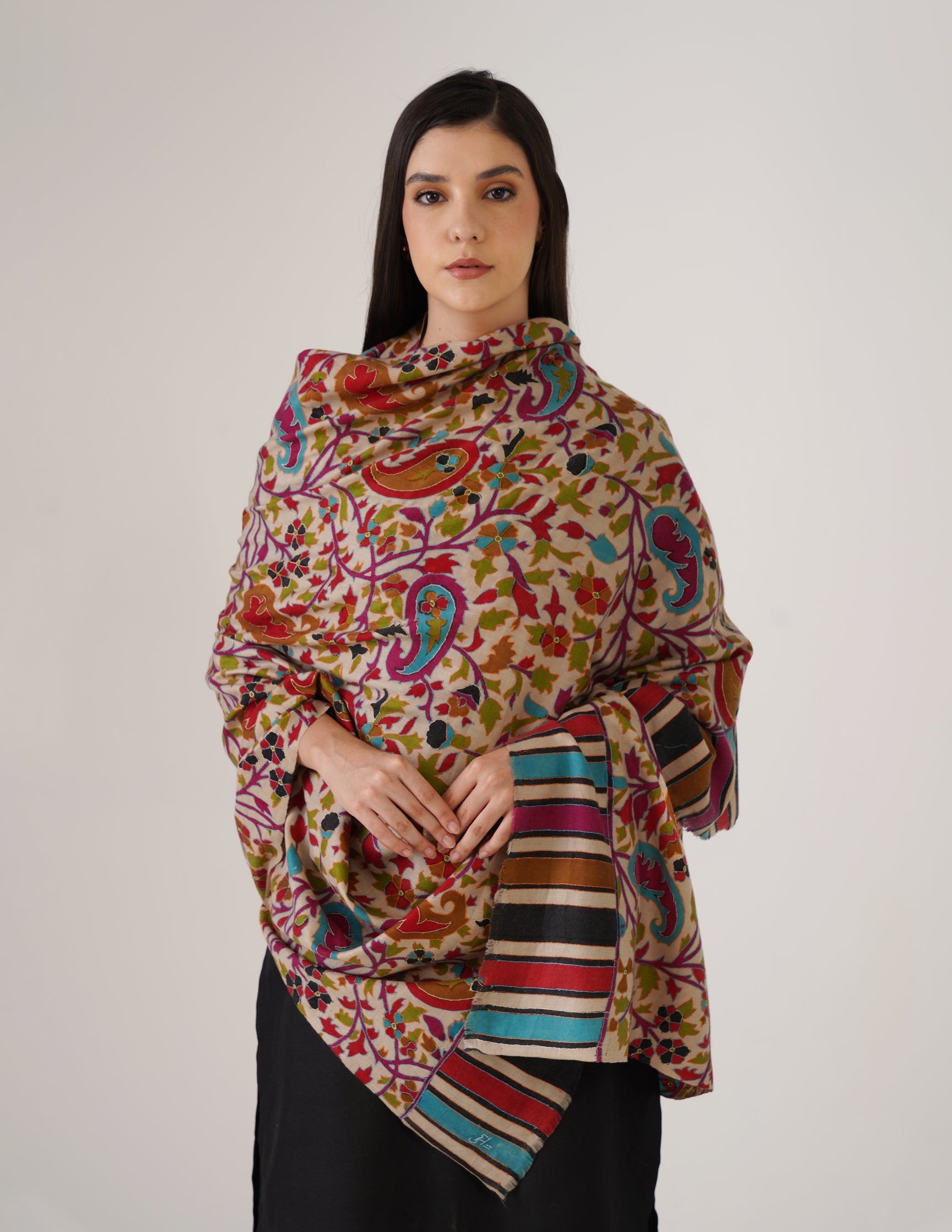 Kashmiri Handwoven Kani Embroidered Pashmina Shawl – Natural | Kalamkari Heritage - Kashmir Box