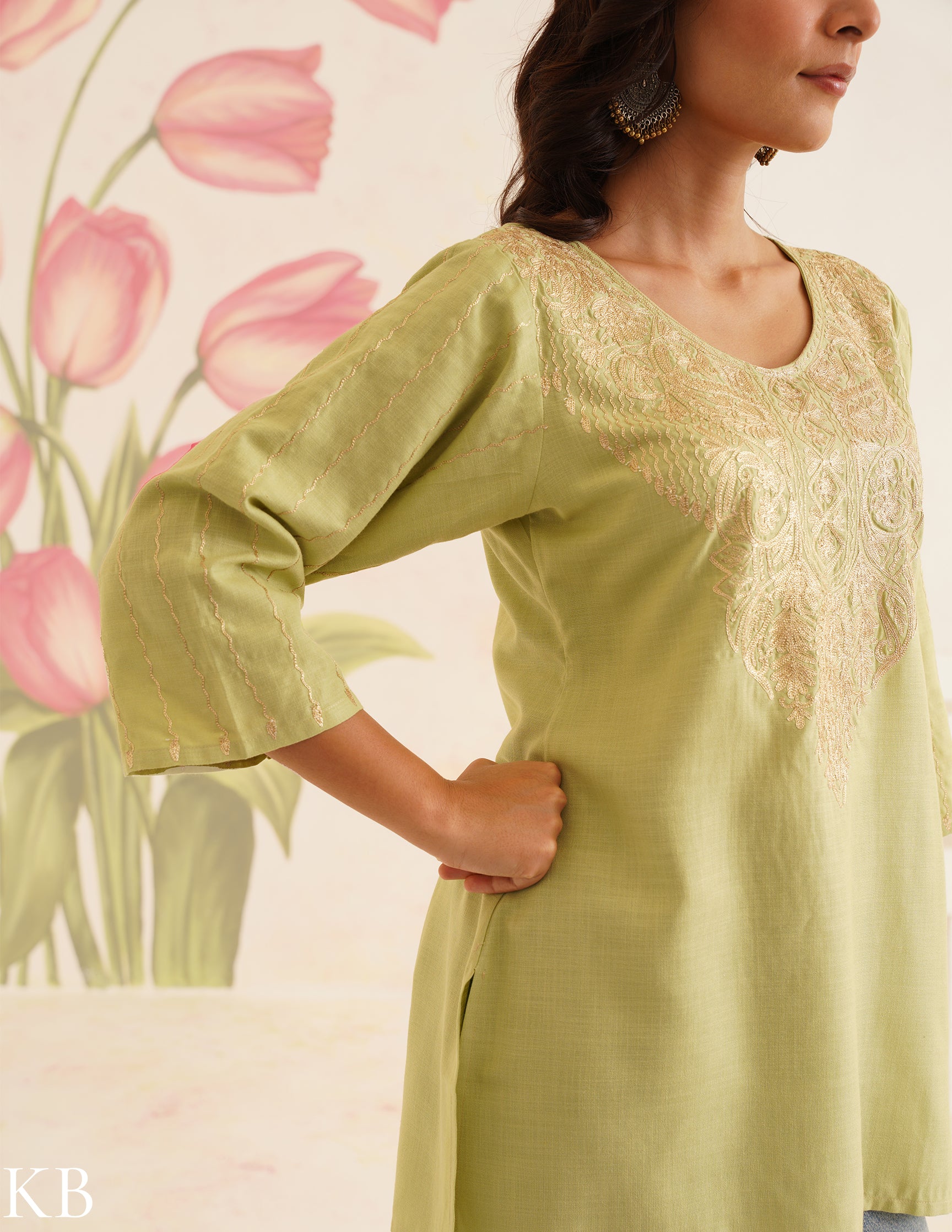 Light Green Kurti with Golden Zari Embroidery | Bahaar Collection 2025