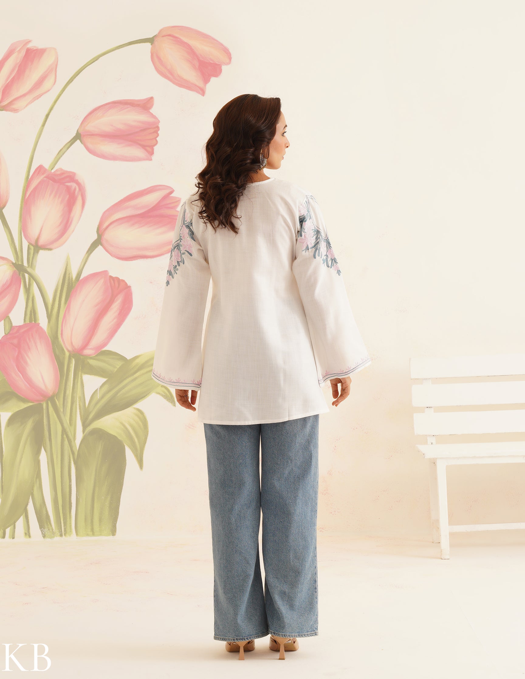 White Cotton Kurti with Pink & Blue Floral Embroidery | Bahaar Collection 2025