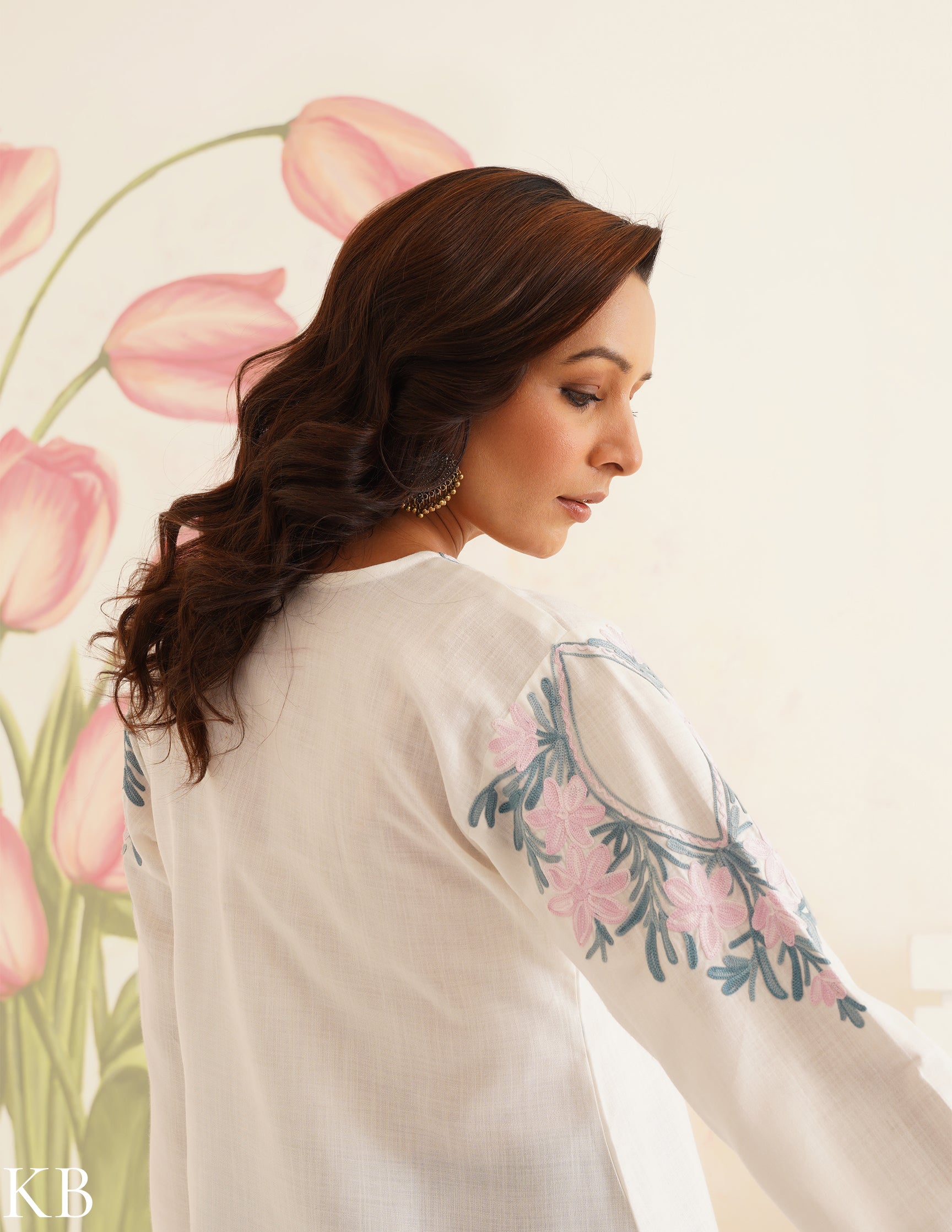 White Cotton Kurti with Pink & Blue Floral Embroidery | Bahaar Collection 2025