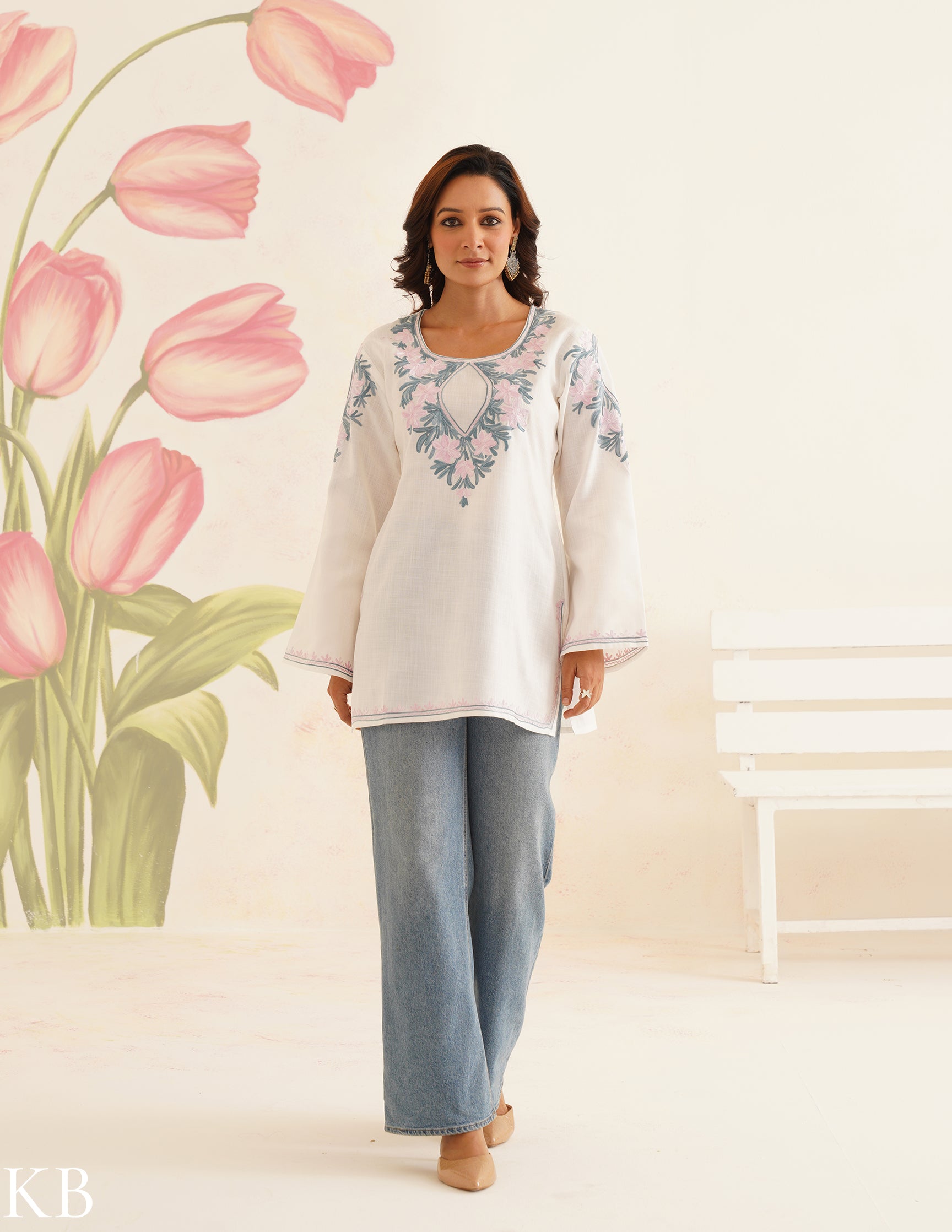 White Cotton Kurti with Pink & Blue Floral Embroidery | Bahaar Collection 2025