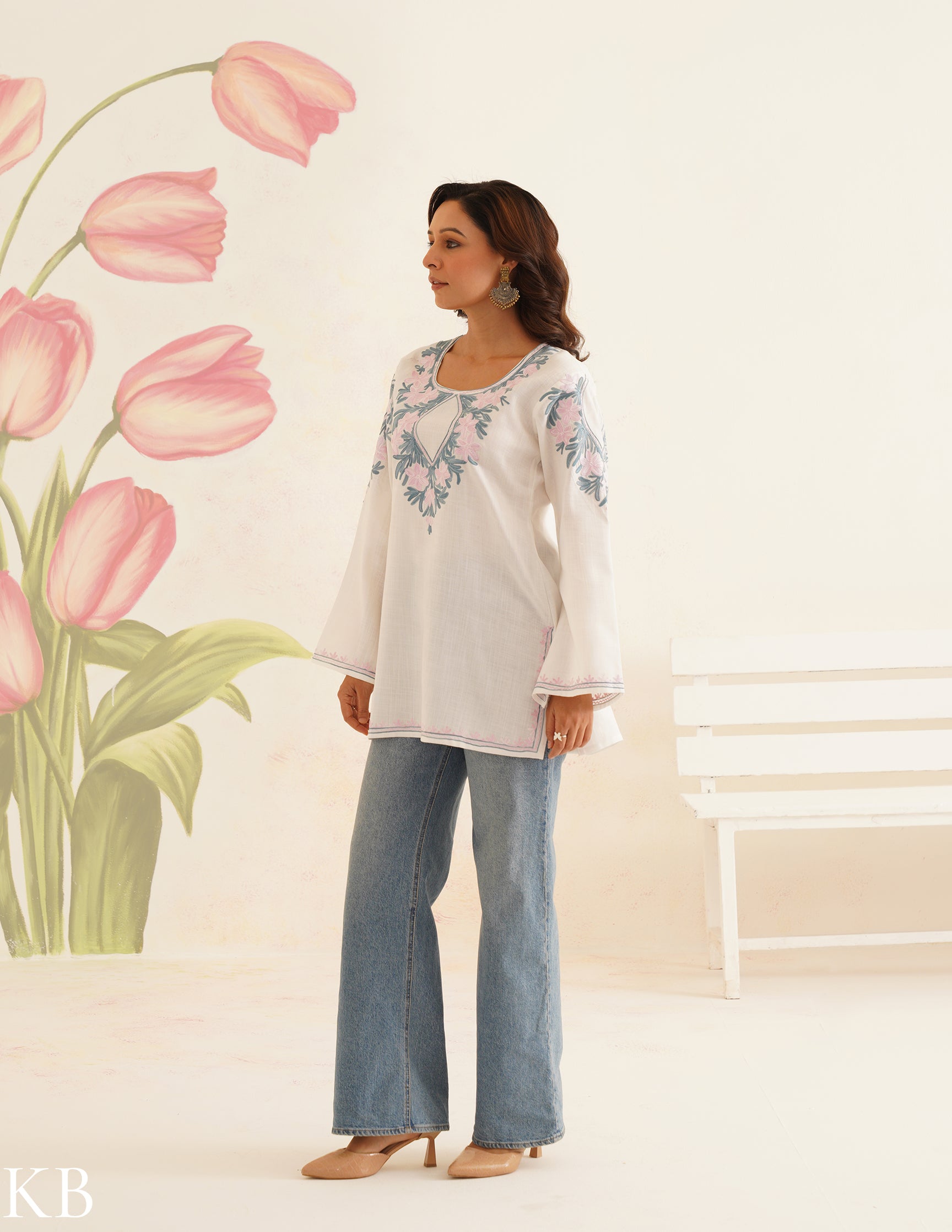 White Cotton Kurti with Pink & Blue Floral Embroidery | Bahaar Collection 2025