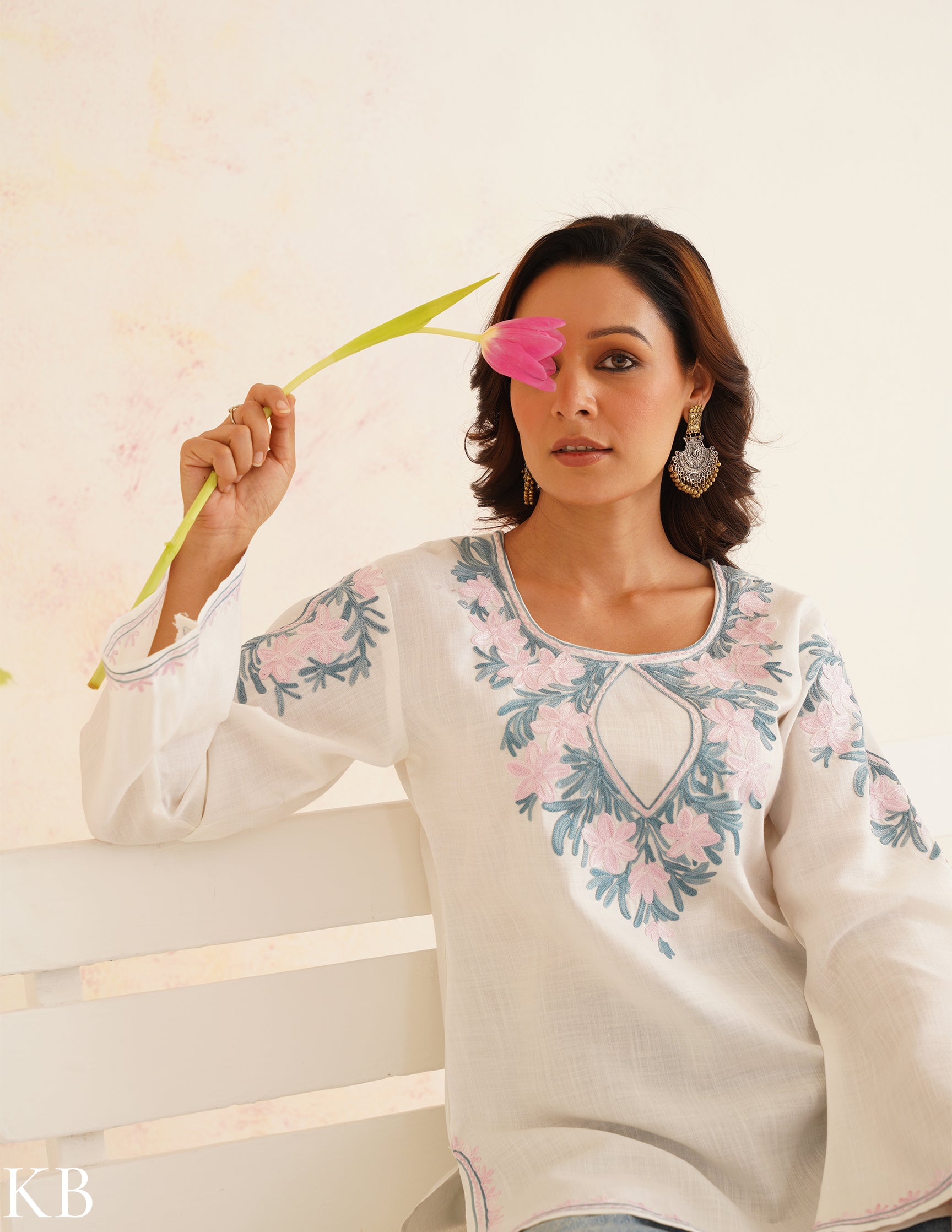 White Cotton Kurti with Pink and Blue Embroidery and Pink Pants | Bahaar Collection 2025 - Kashmir Box