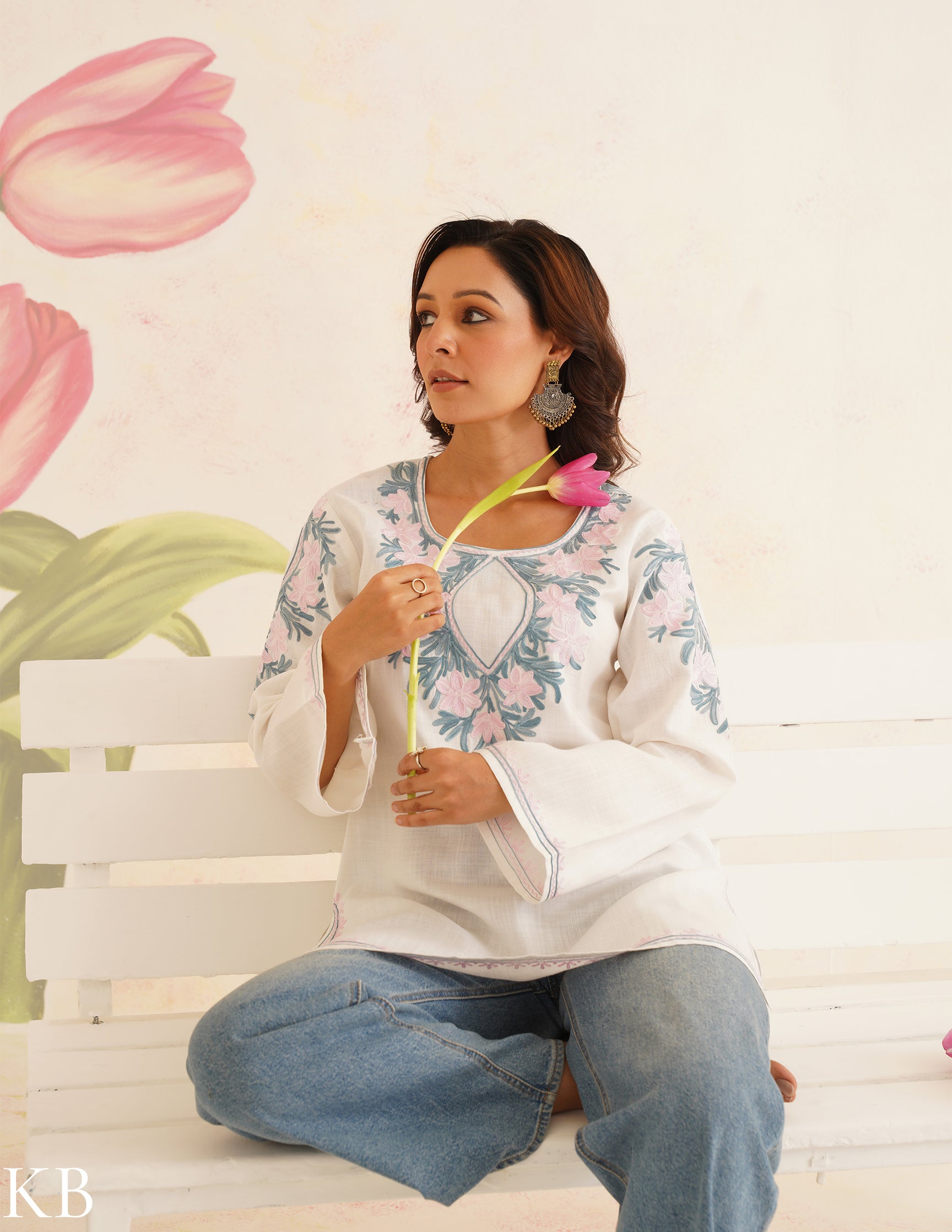 White Cotton Kurti with Pink & Blue Floral Embroidery | Bahaar Collection 2025