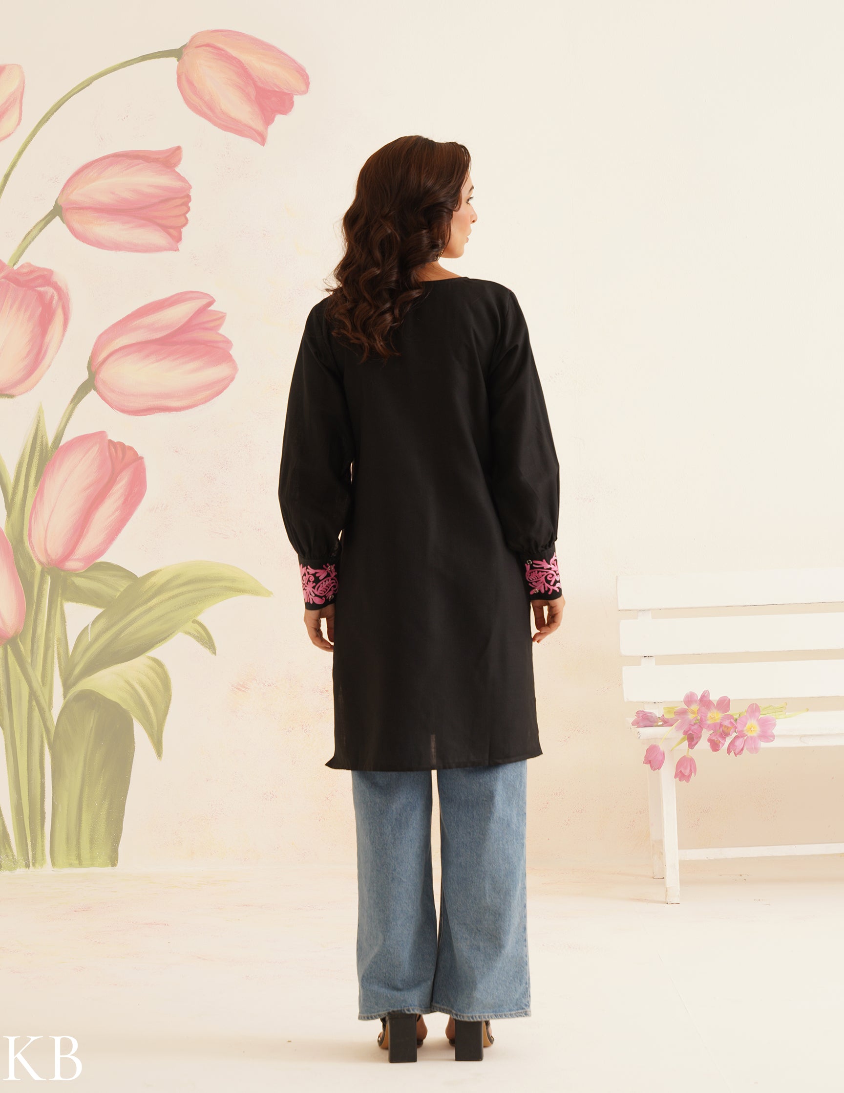 Black Cotton Kurti with Pink Aari Embroidery | Bahaar Collection 2025