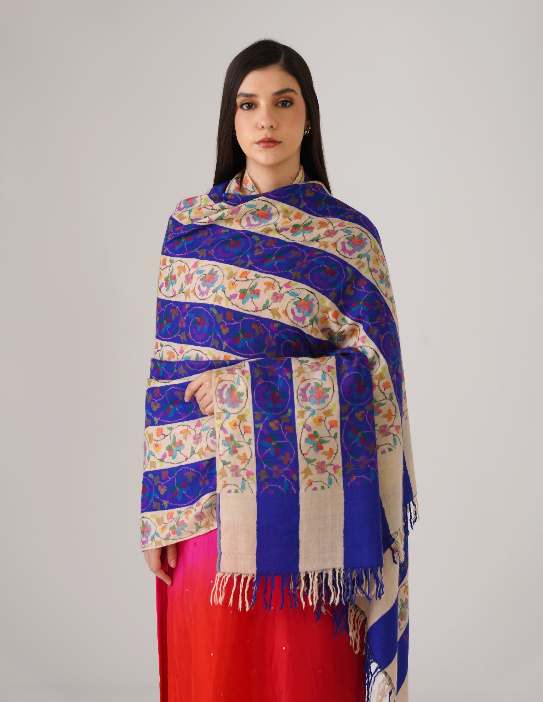 Kashmiri Handwoven Kani Embroidered Pashmina Shawl – Off White & Blue | Kalamkari Heritage - Kashmir Box
