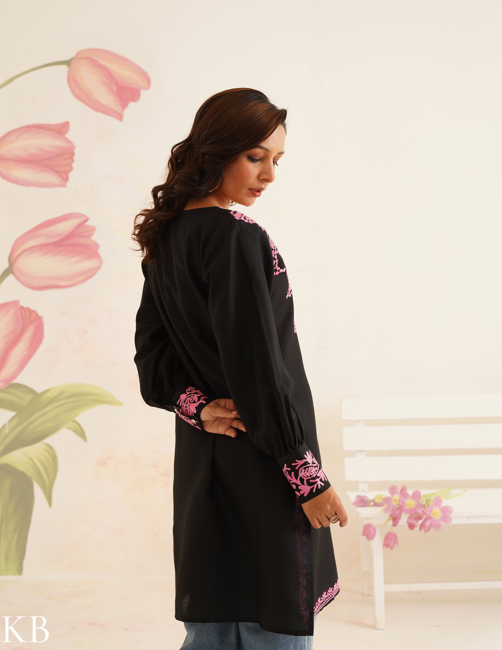 Black Cotton Kurti with Pink Aari Embroidery | Bahaar Collection 2025
