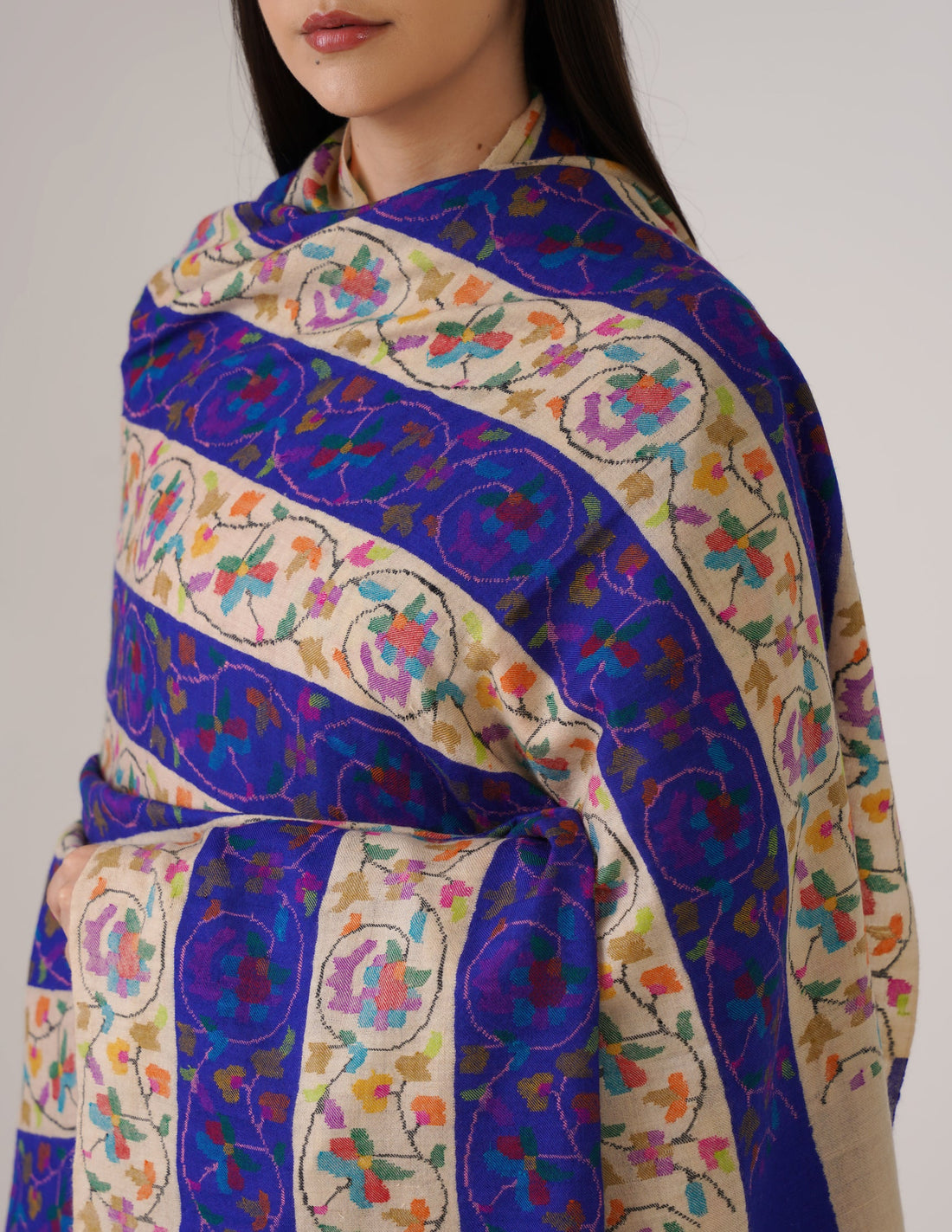 Kashmiri Handwoven Kani Embroidered Pashmina Shawl – Off White & Blue | Kalamkari Heritage - Kashmir Box