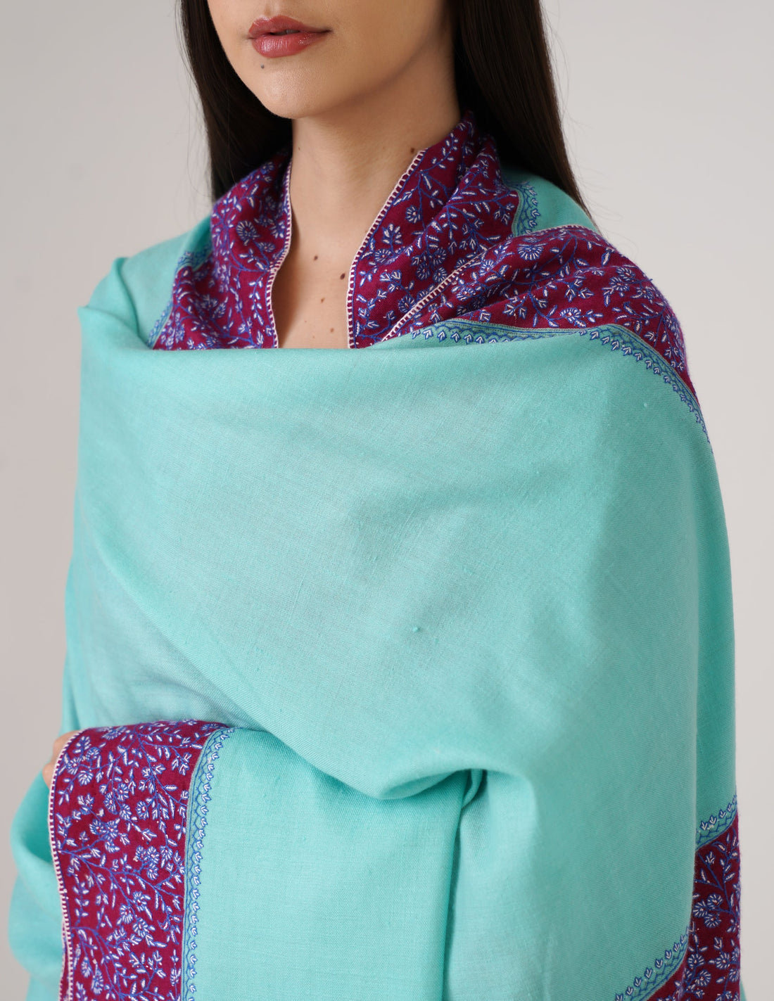 Kashmiri Handwoven Pashmina Sozni Shawl Modern Design – Turquoise | Blue & White Sozni Heritage - Kashmir Box