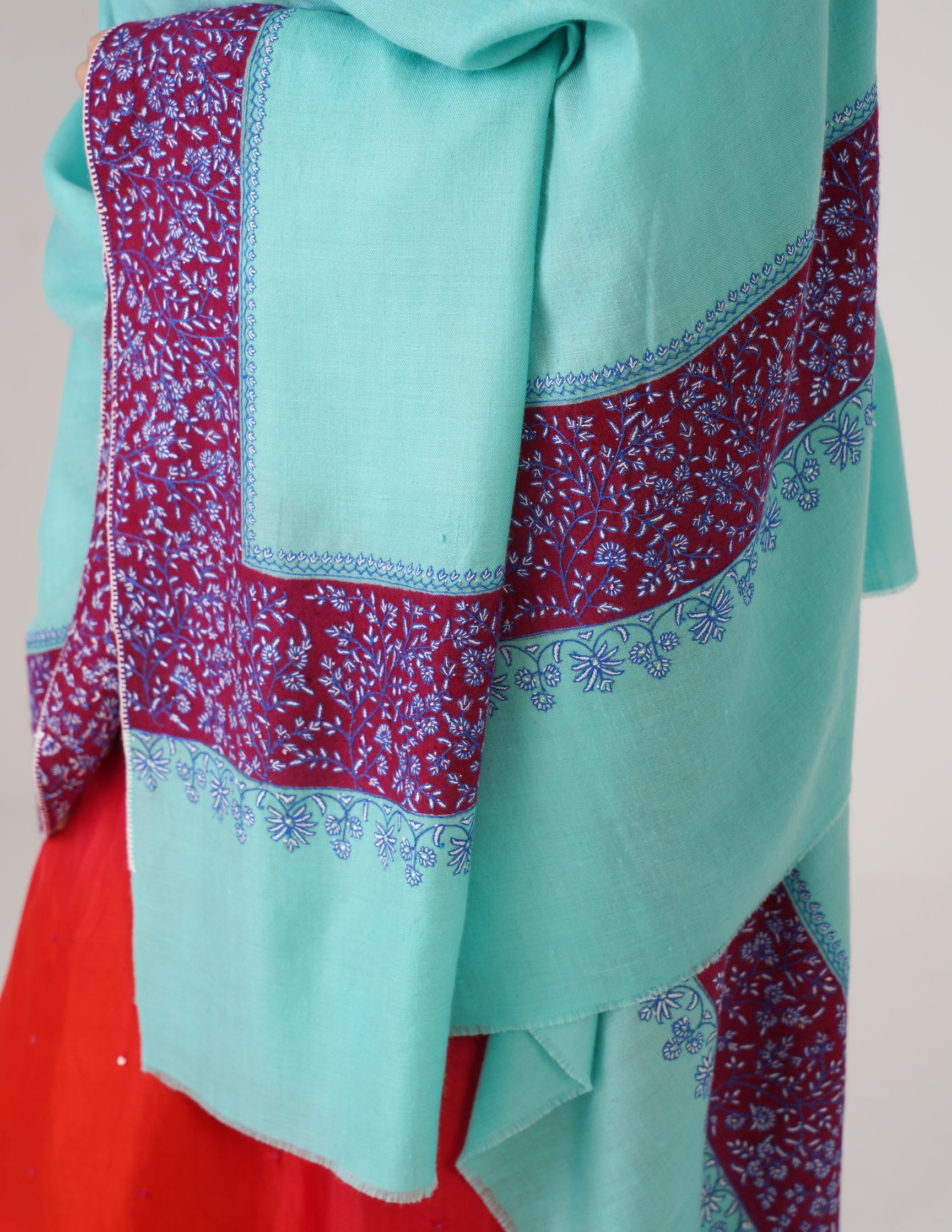 Kashmiri Handwoven Pashmina Sozni Shawl Modern Design – Turquoise | Blue & White Sozni Heritage - Kashmir Box