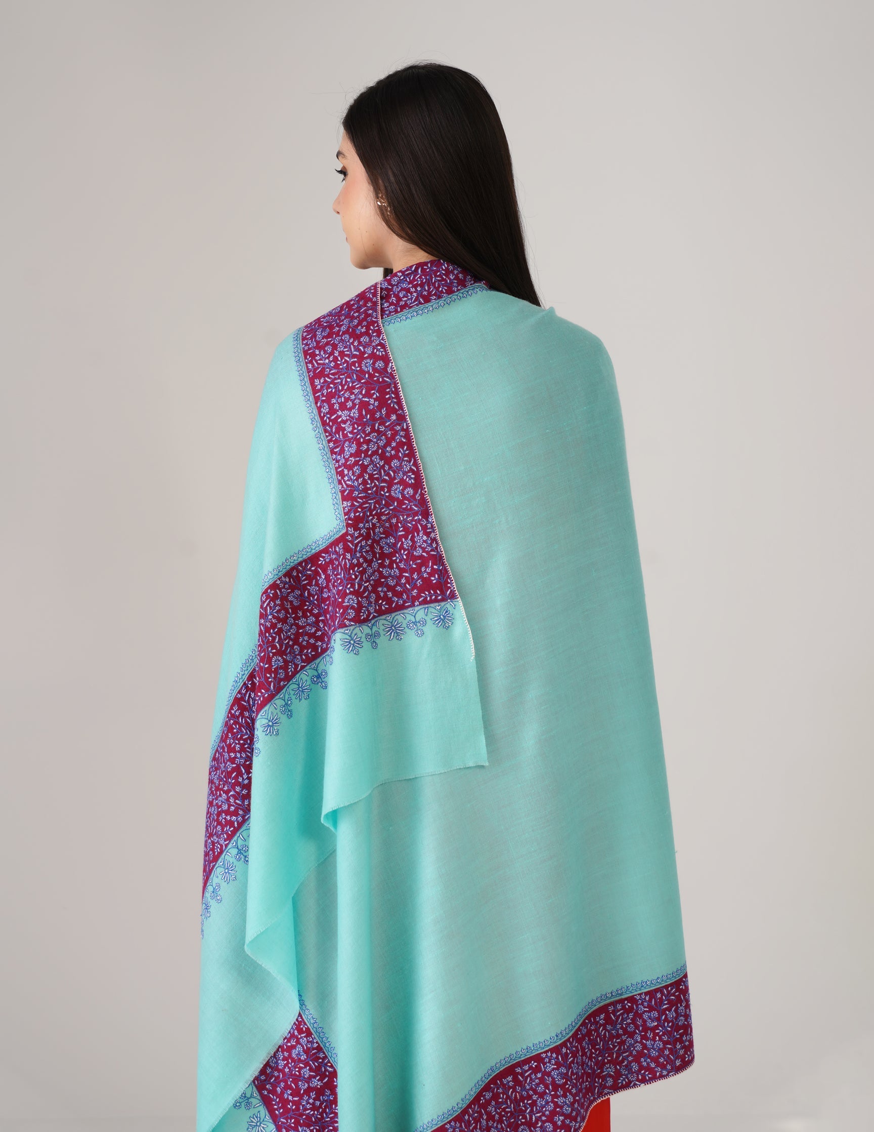 Kashmiri Handwoven Pashmina Sozni Shawl Modern Design – Turquoise | Blue & White Sozni Heritage - Kashmir Box