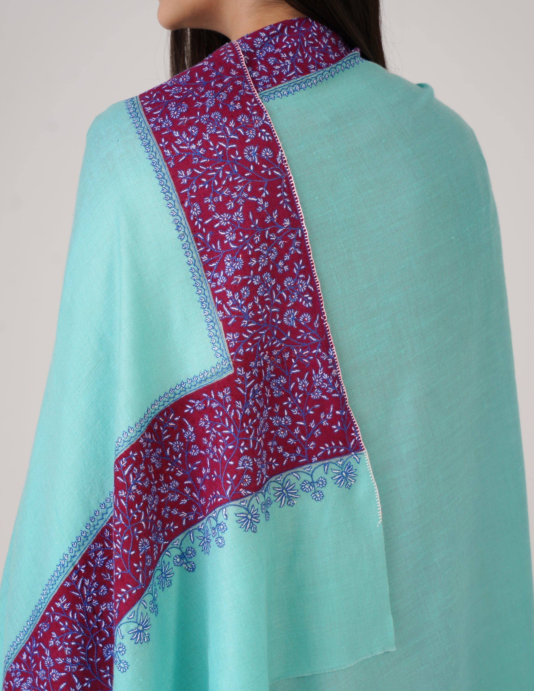 Kashmiri Handwoven Pashmina Sozni Shawl Modern Design – Turquoise | Blue & White Sozni Heritage - Kashmir Box