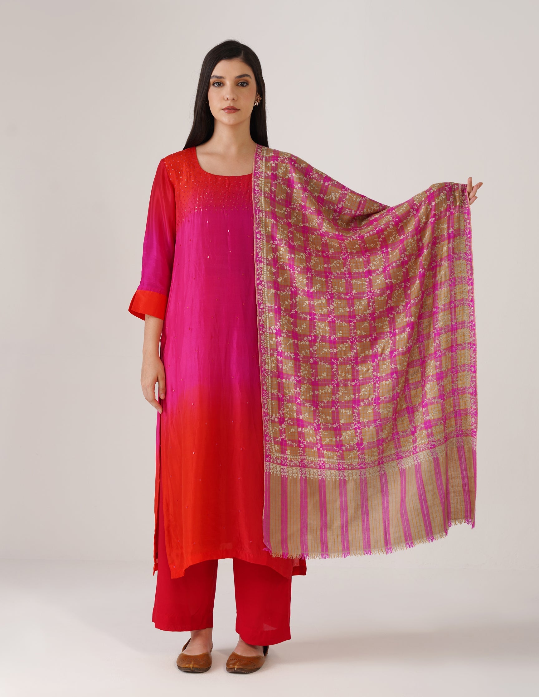 Kashmiri Handwoven Pashmina Sozni Stole Modern Jaal – Grey & Purple Check | Handwoven Heritage