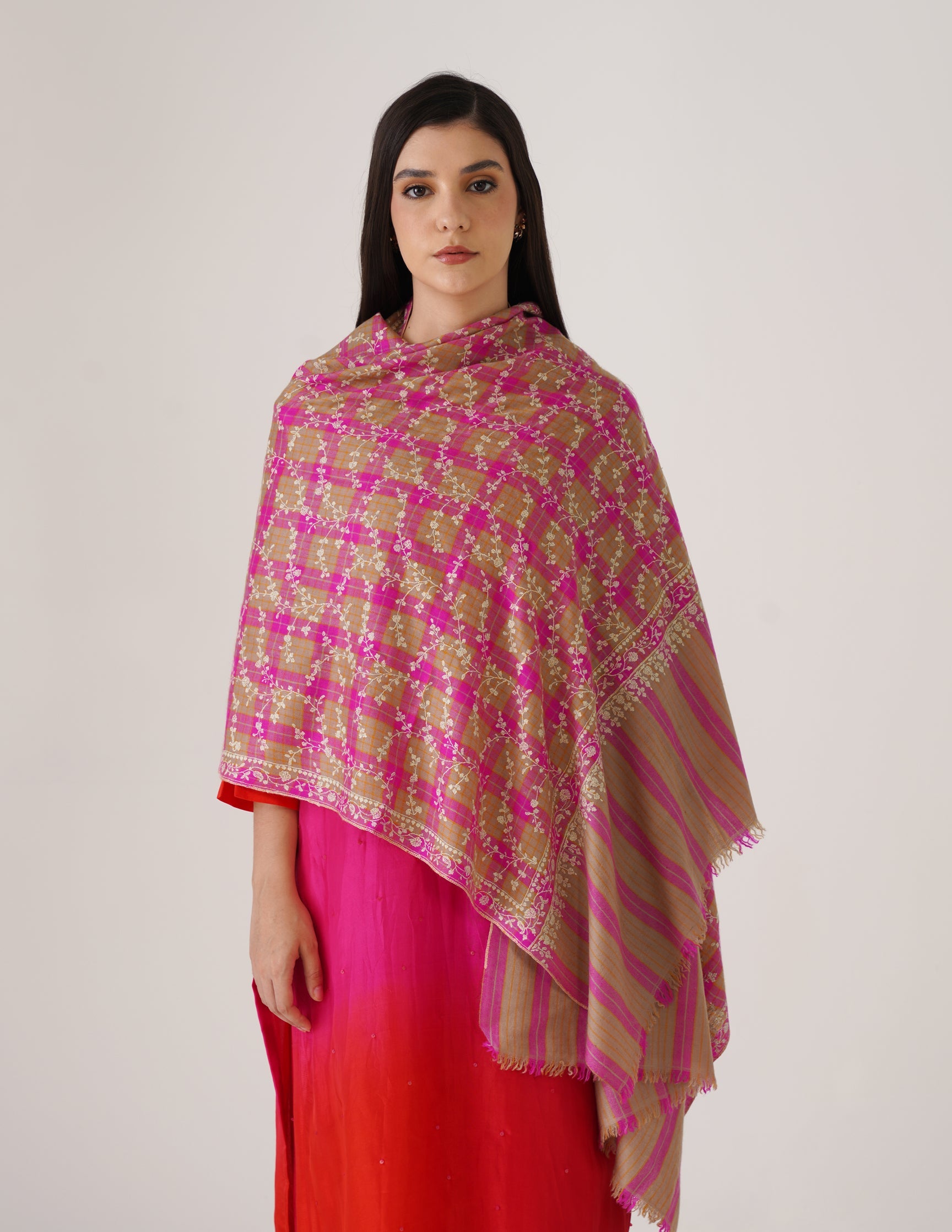 Kashmiri Handwoven Pashmina Sozni Stole Modern Jaal – Grey & Purple Check | Handwoven Heritage - Kashmir Box