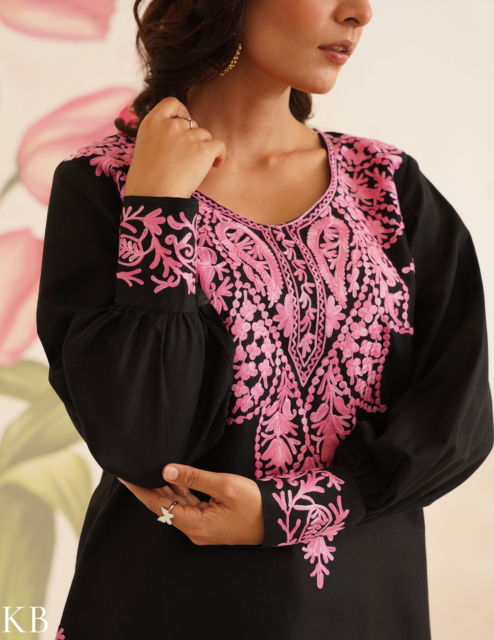 Black Cotton Kurti with Pink Aari Embroidery | Bahaar Collection 2025