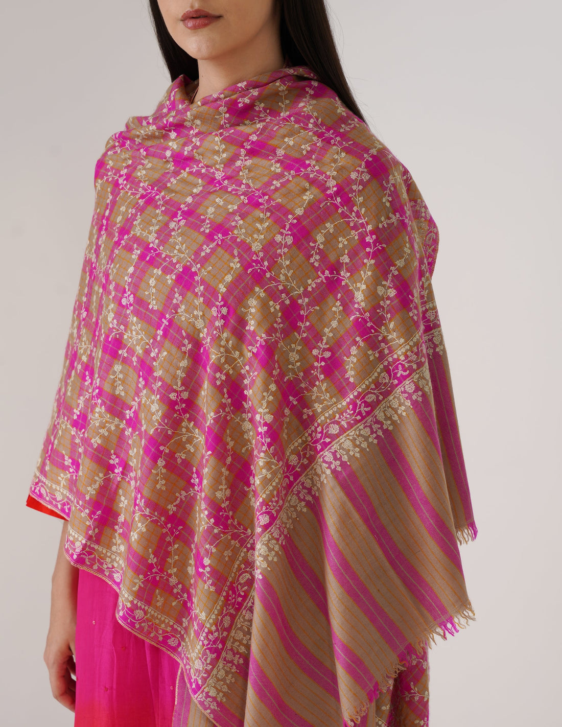Kashmiri Handwoven Pashmina Sozni Stole Modern Jaal – Grey & Purple Check | Handwoven Heritage