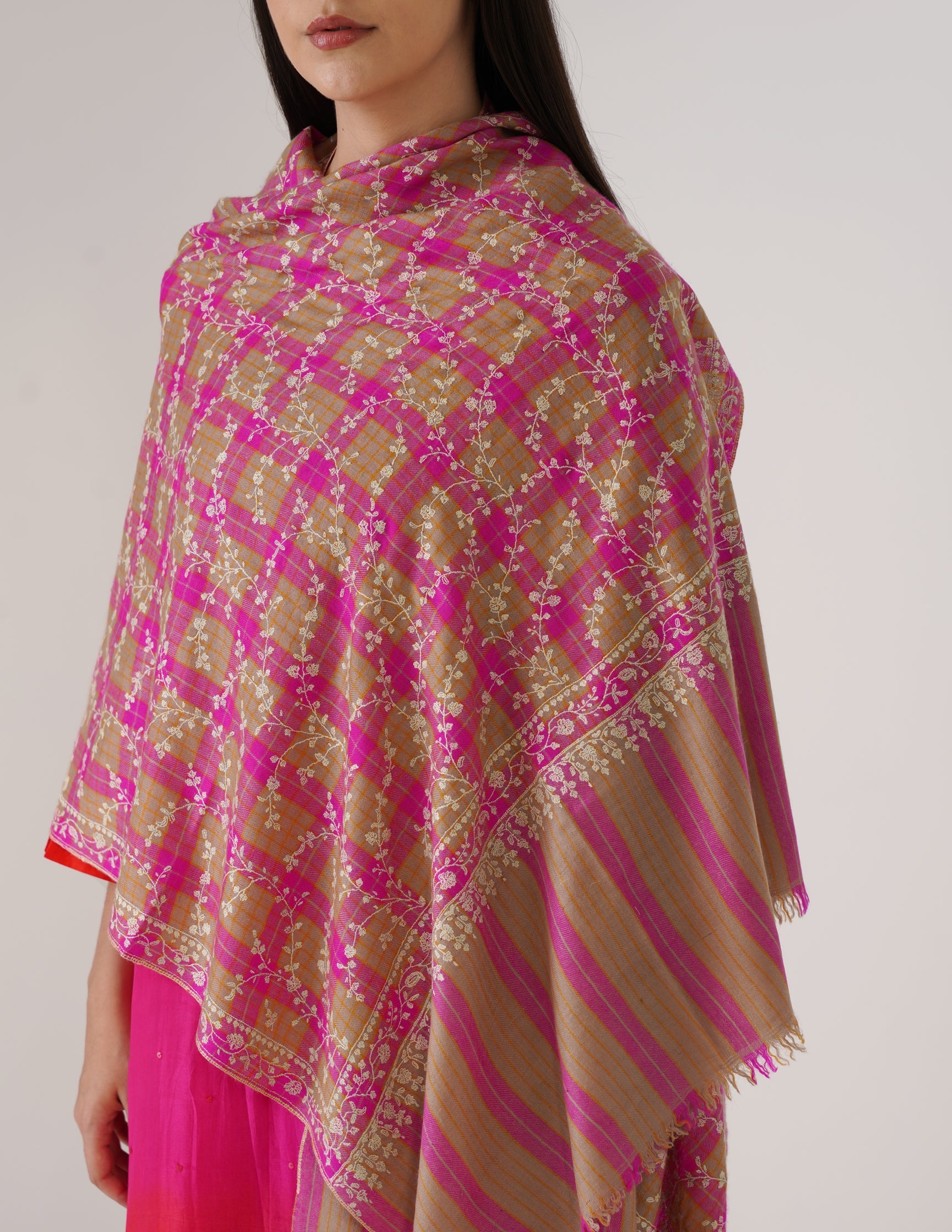 Kashmiri Handwoven Pashmina Sozni Stole Modern Jaal – Grey & Purple Check | Handwoven Heritage - Kashmir Box