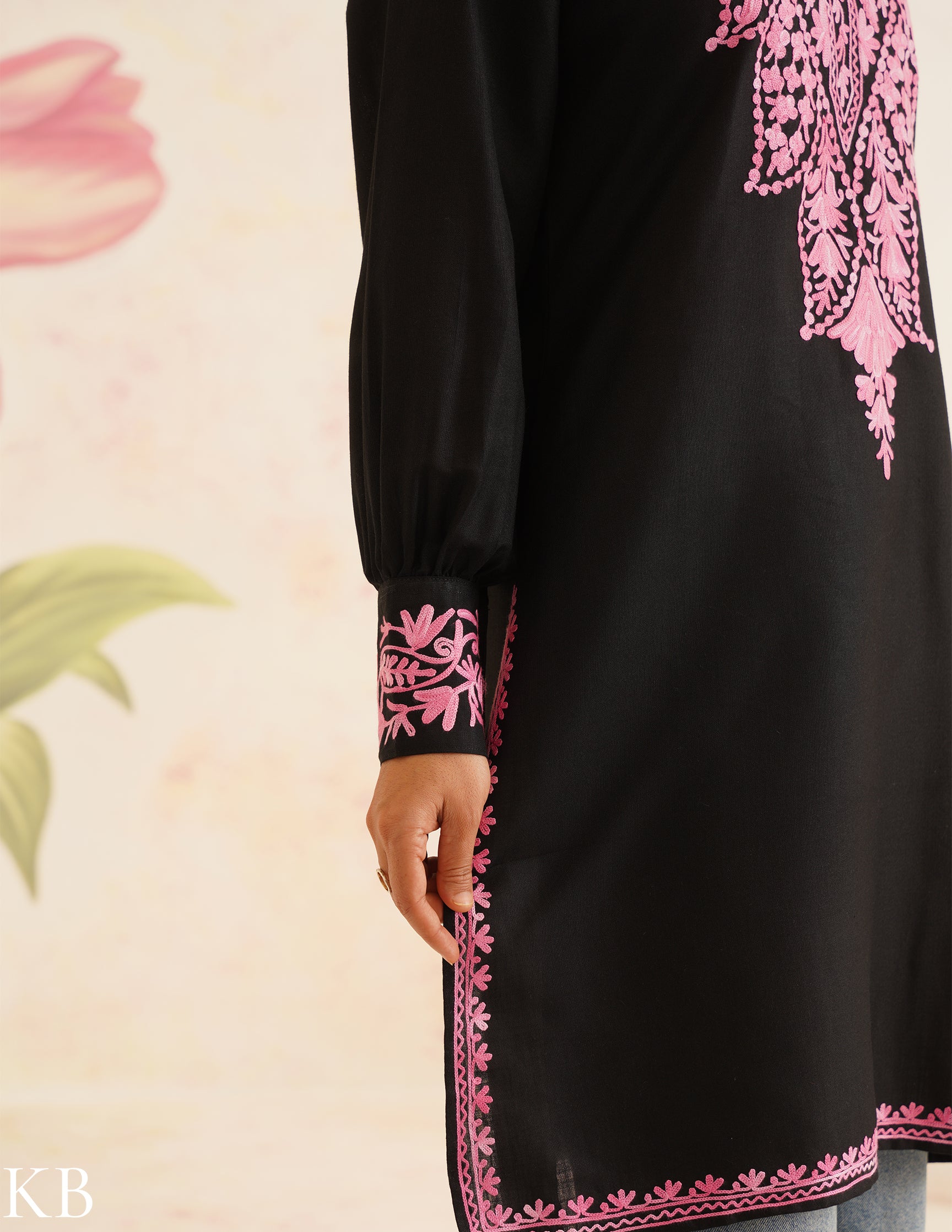 Black Cotton Kurti with Pink Aari Embroidery | Bahaar Collection 2025