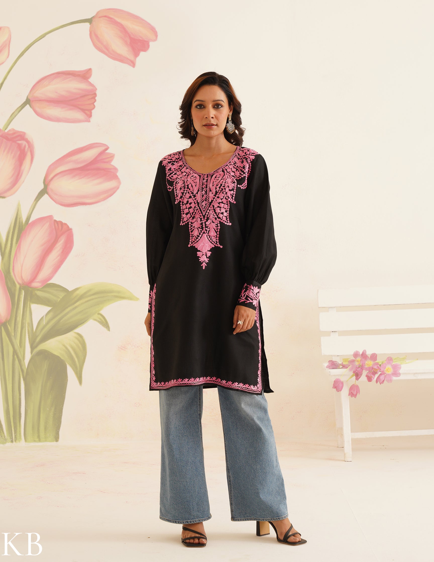 Black Cotton Kurti with Pink Aari Embroidery | Bahaar Collection 2025
