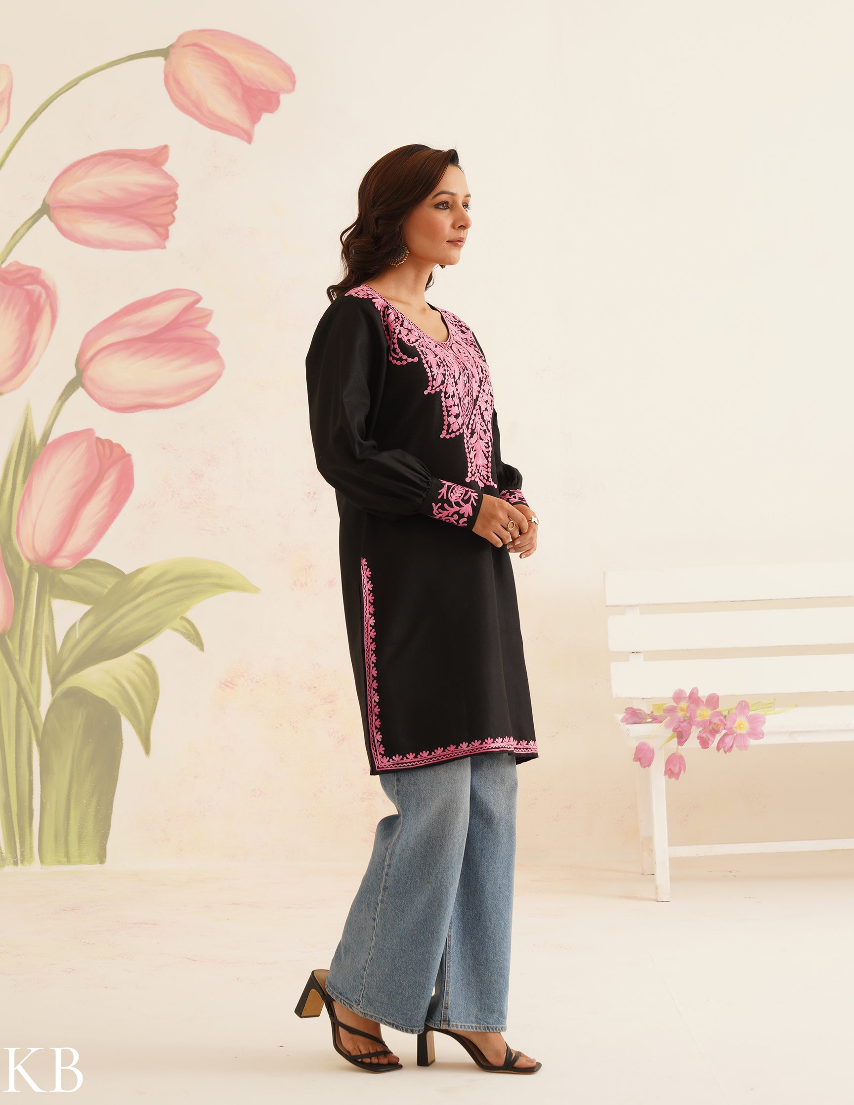 Black Cotton Kurti with Pink Aari Embroidery | Bahaar Collection 2025