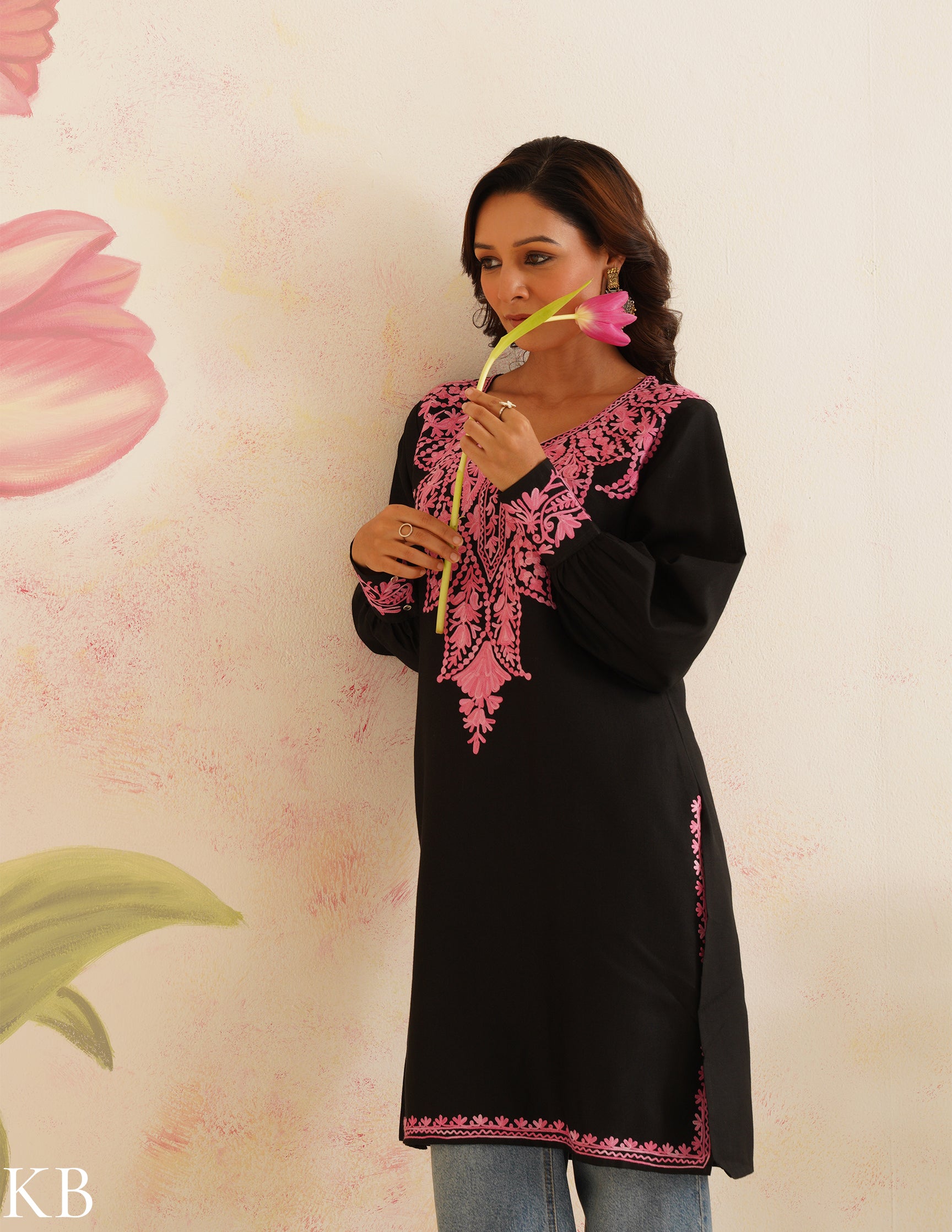 Black Cotton Kurti with Pink Aari Embroidery | Bahaar Collection 2025