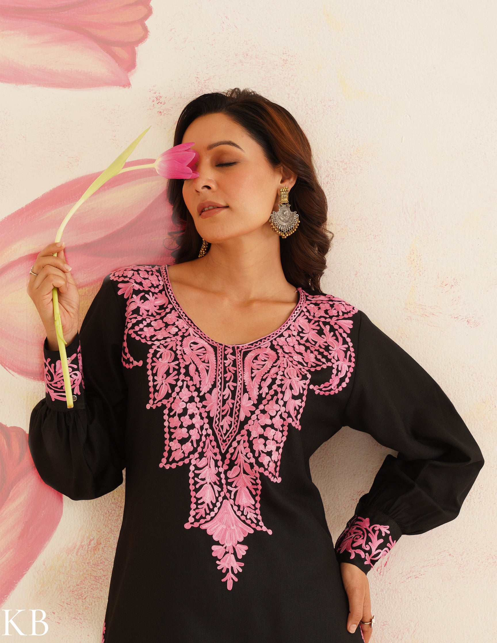 Black Cotton Kurti with Pink Aari Embroidery | Bahaar Collection 2025