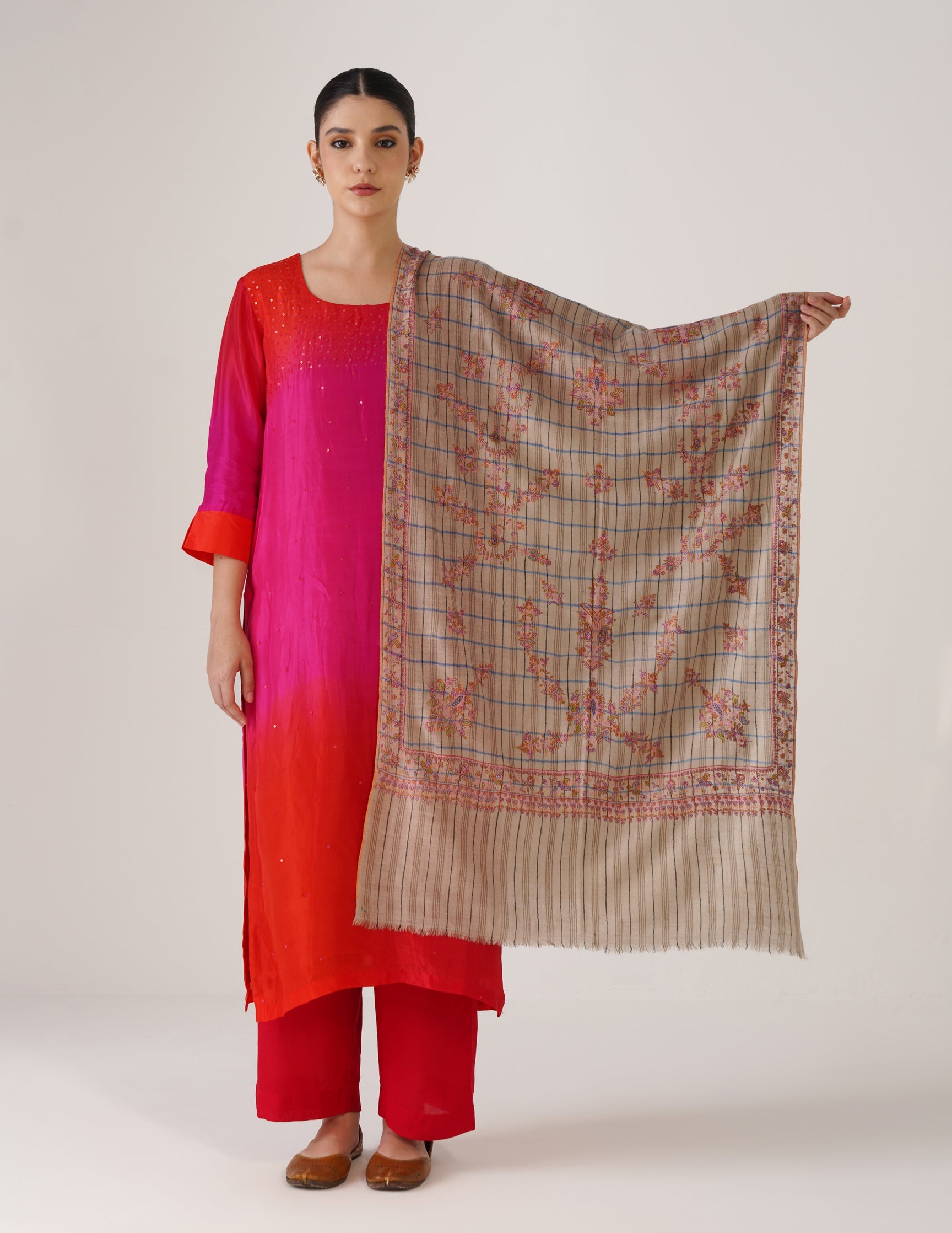 Kashmiri Handwoven Pashmina Sozni Stole Modern Check – Natural, Black & Blue | Handwoven Heritage - Kashmir Box
