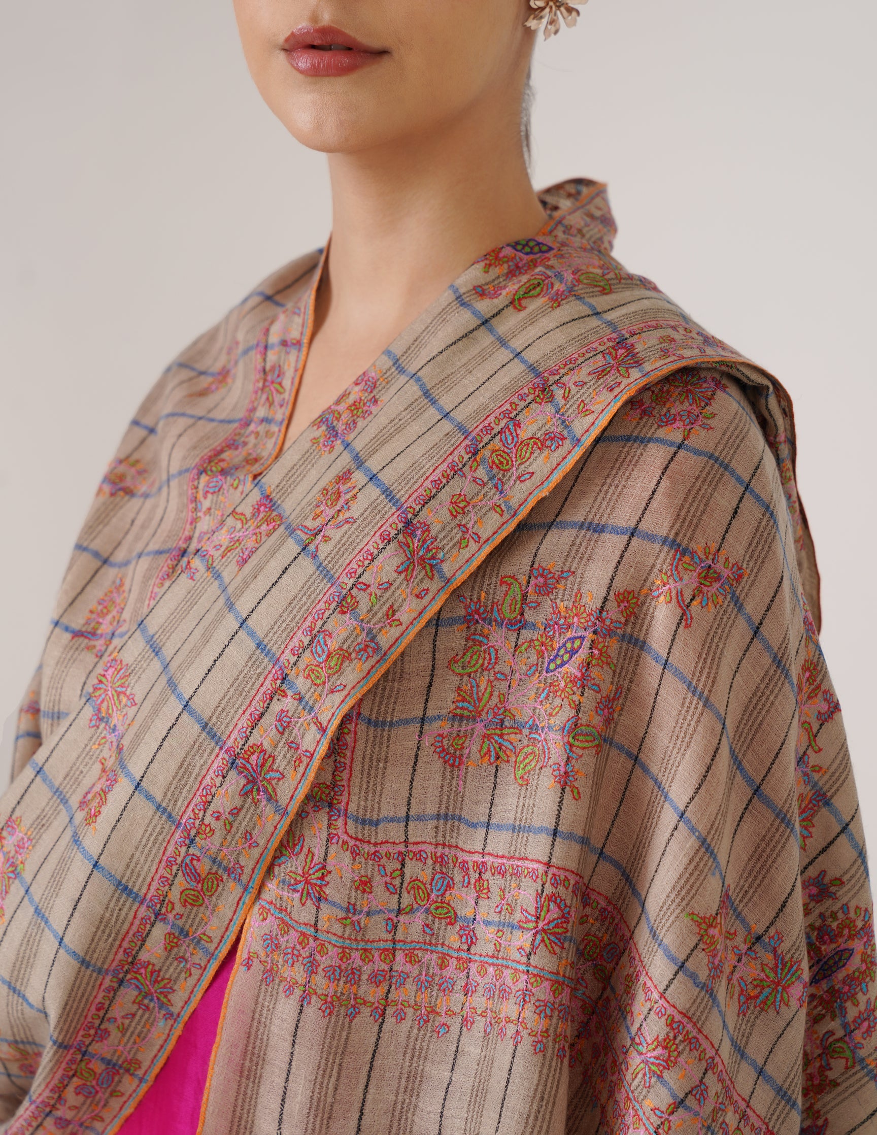 Kashmiri Handwoven Pashmina Sozni Stole Modern Check – Natural, Black & Blue | Handwoven Heritage - Kashmir Box