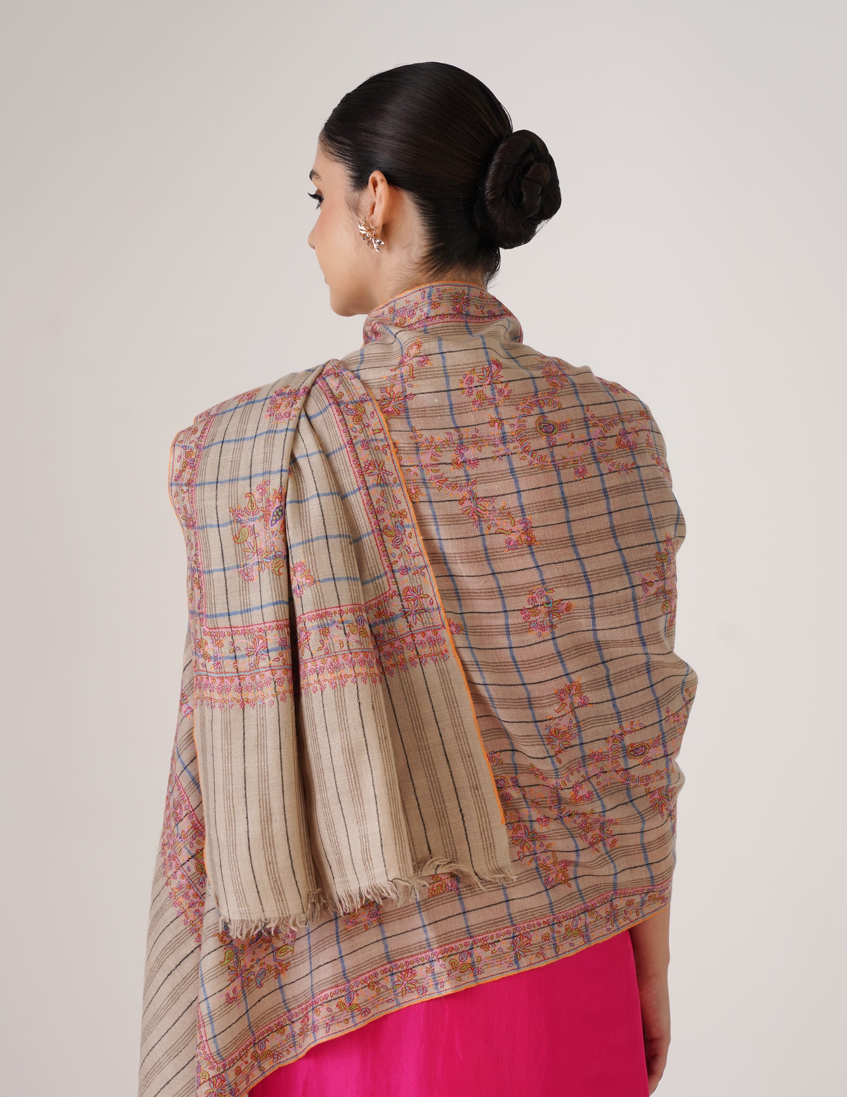 Kashmiri Handwoven Pashmina Sozni Stole Modern Check – Natural, Black & Blue | Handwoven Heritage