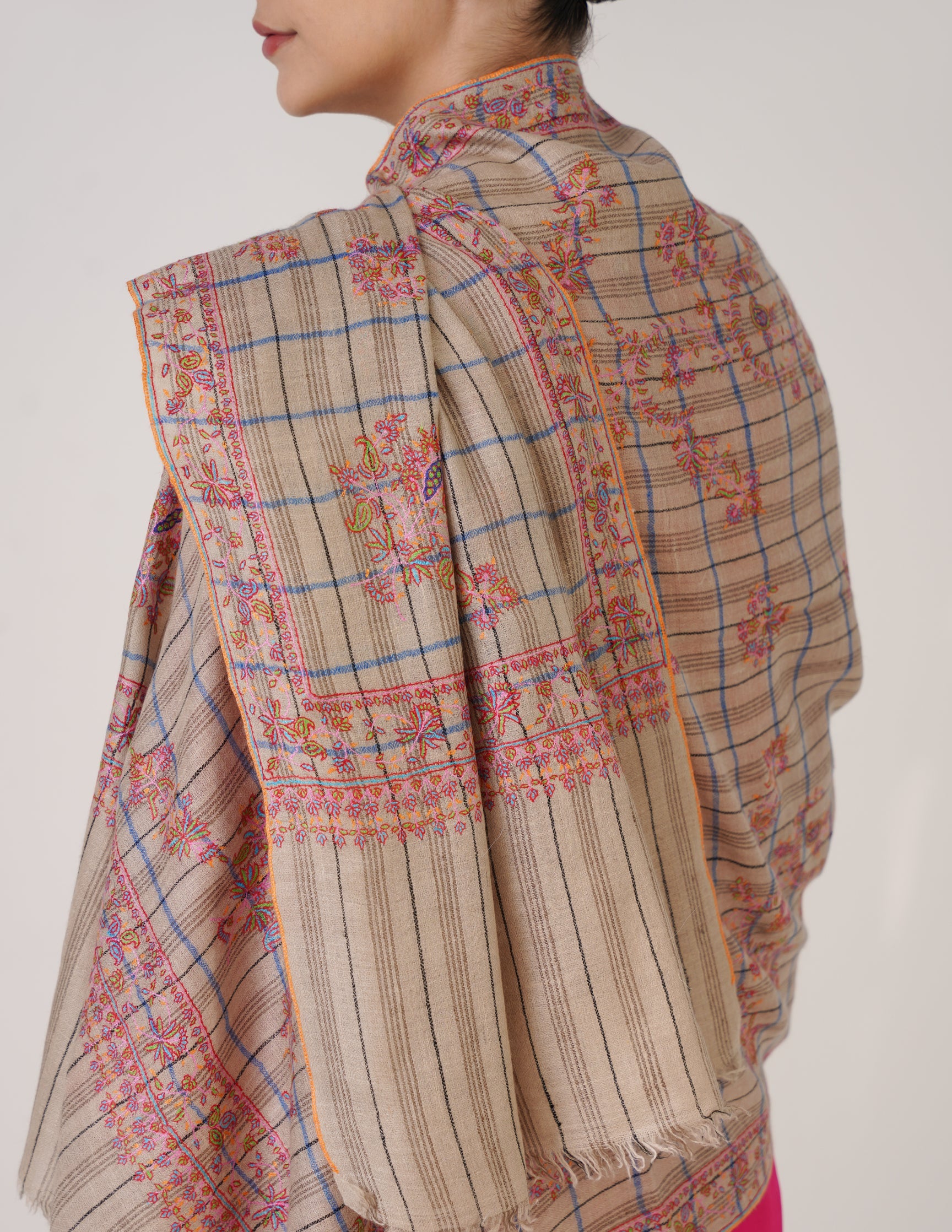 Kashmiri Handwoven Pashmina Sozni Stole Modern Check – Natural, Black & Blue | Handwoven Heritage - Kashmir Box