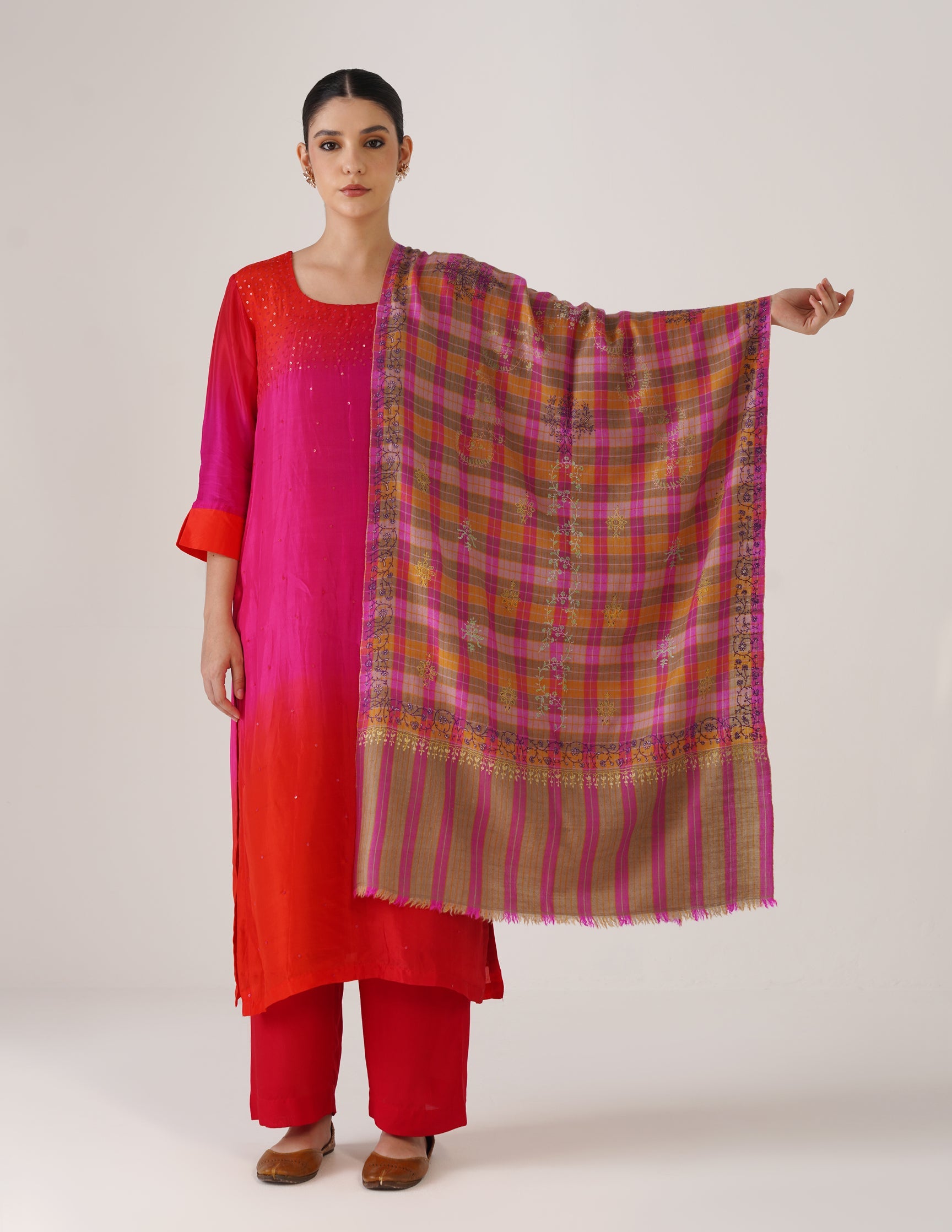 Kashmiri Handwoven Pashmina Sozni Stole Modern Design – Grey & Purple | Handwoven Heritage