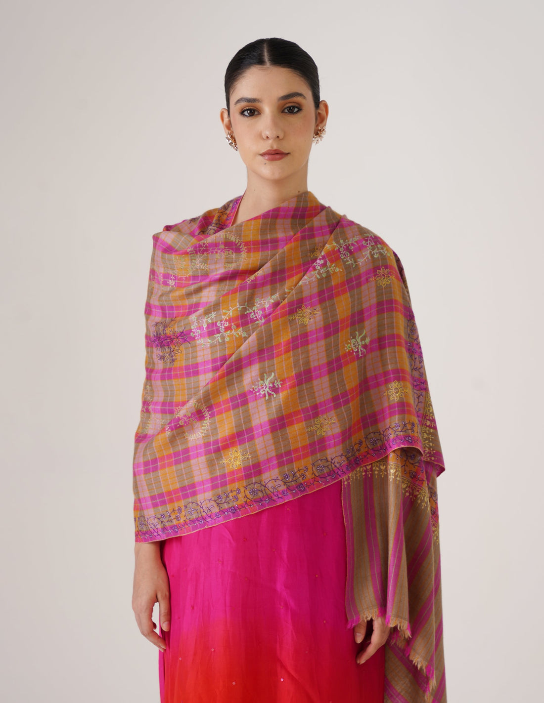 Kashmiri Handwoven Pashmina Sozni Stole Modern Design – Grey & Purple | Handwoven Heritage - Kashmir Box