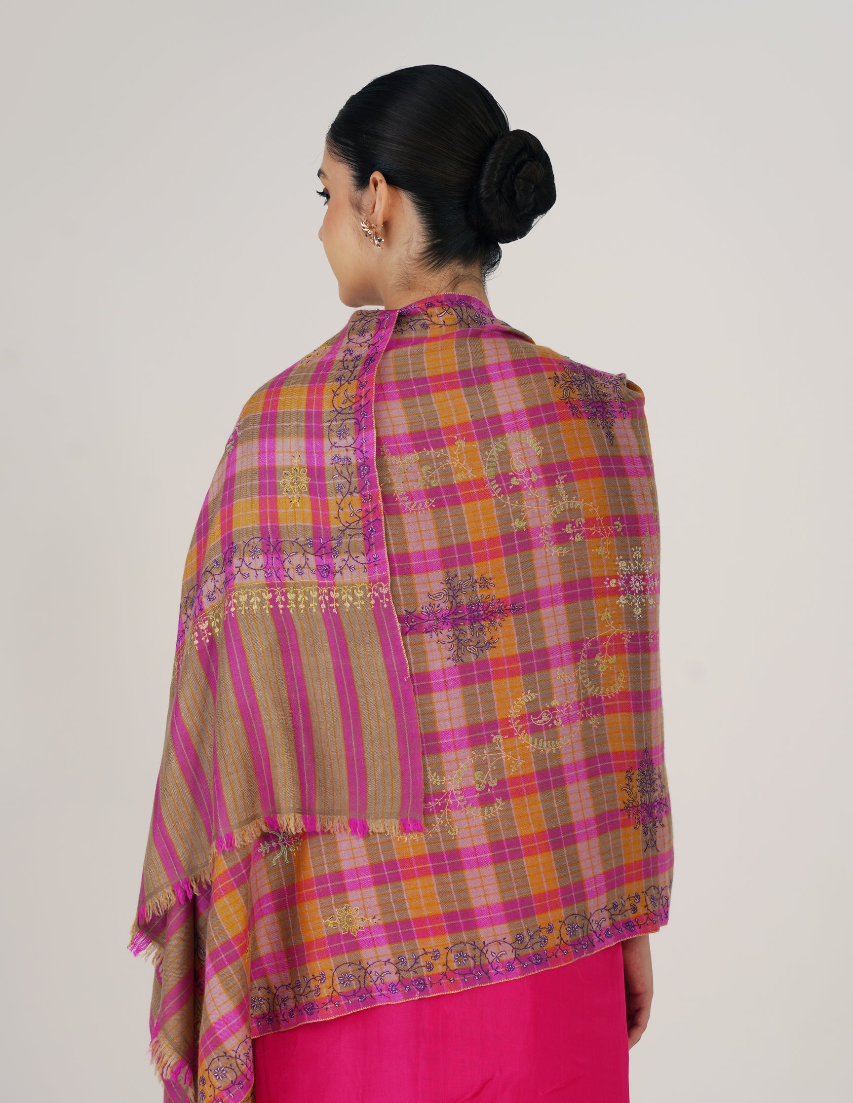 Kashmiri Handwoven Pashmina Sozni Stole Modern Design – Grey & Purple | Handwoven Heritage