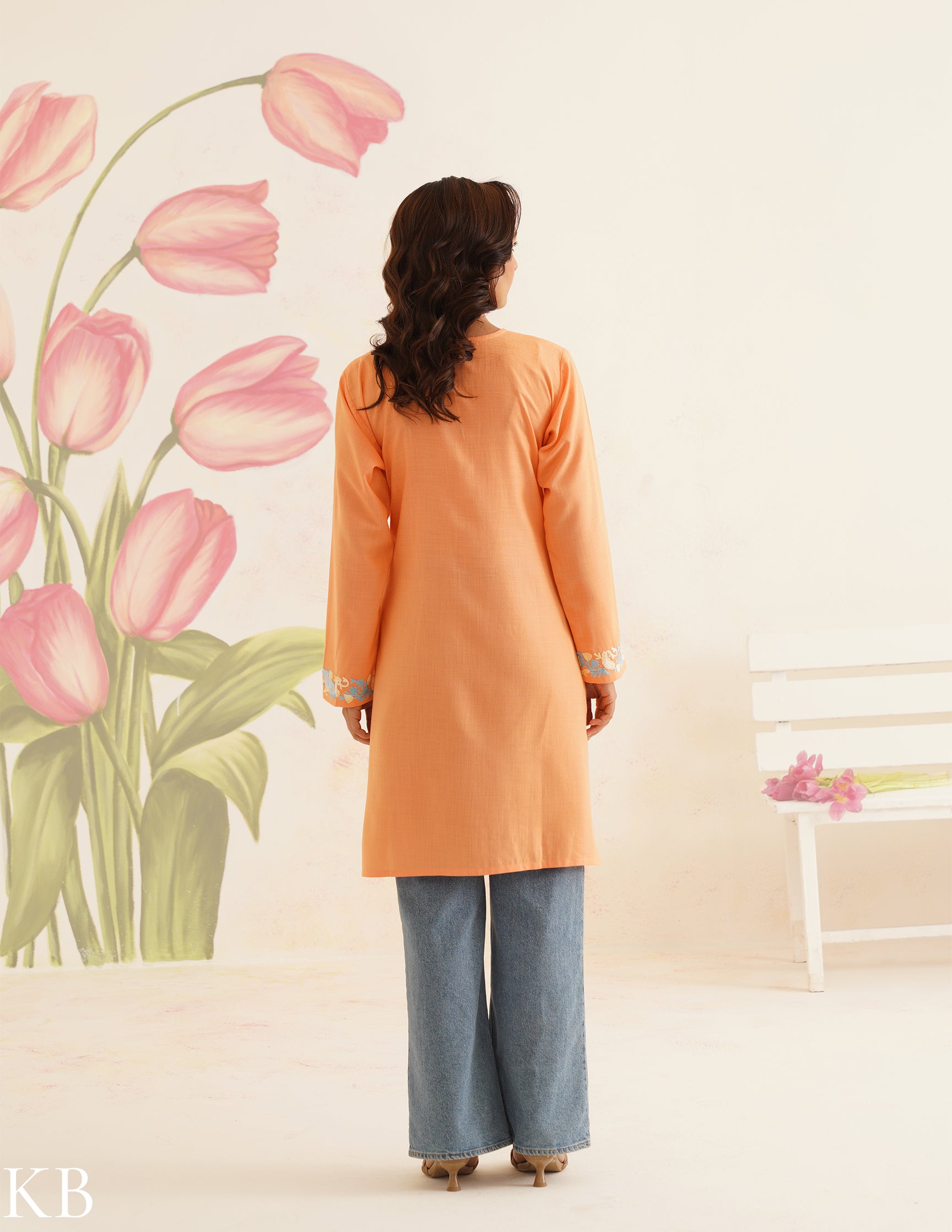 Peach Cotton Kurti with Blue Floral Embroidery | Bahaar Collection 2025