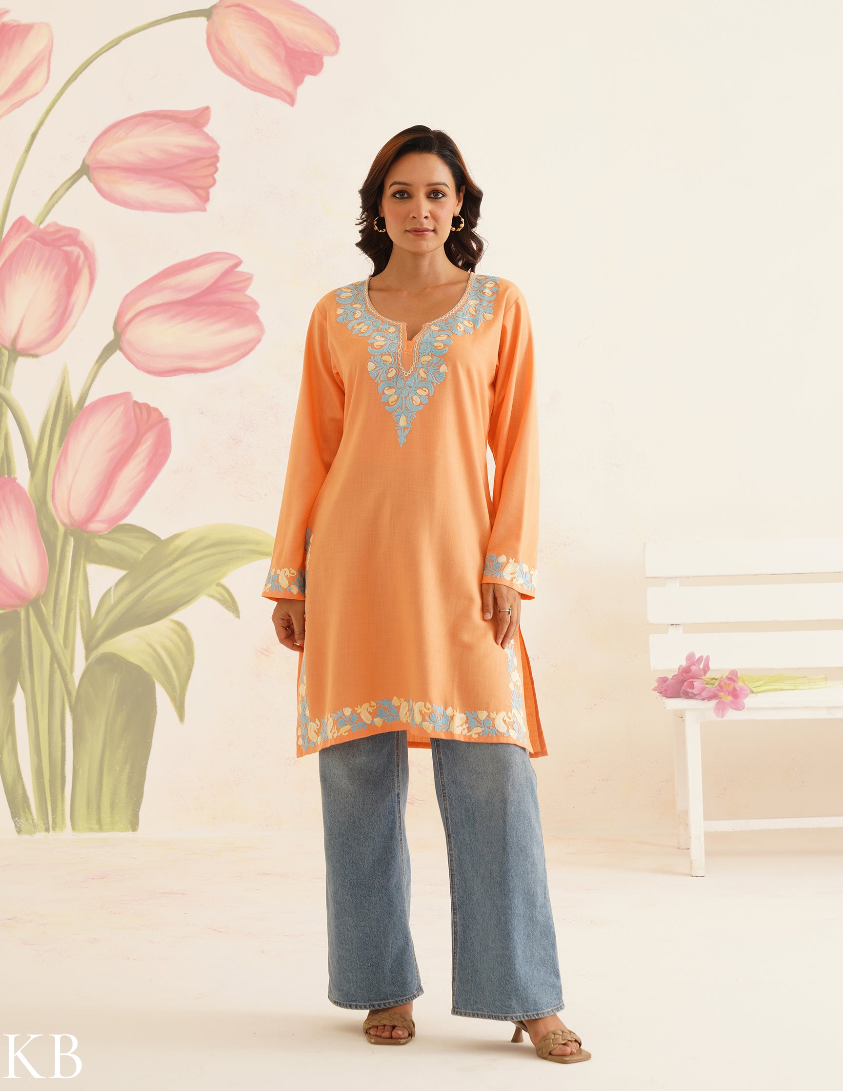 Peach Cotton Kurti with Blue Floral Embroidery | Bahaar Collection 2025