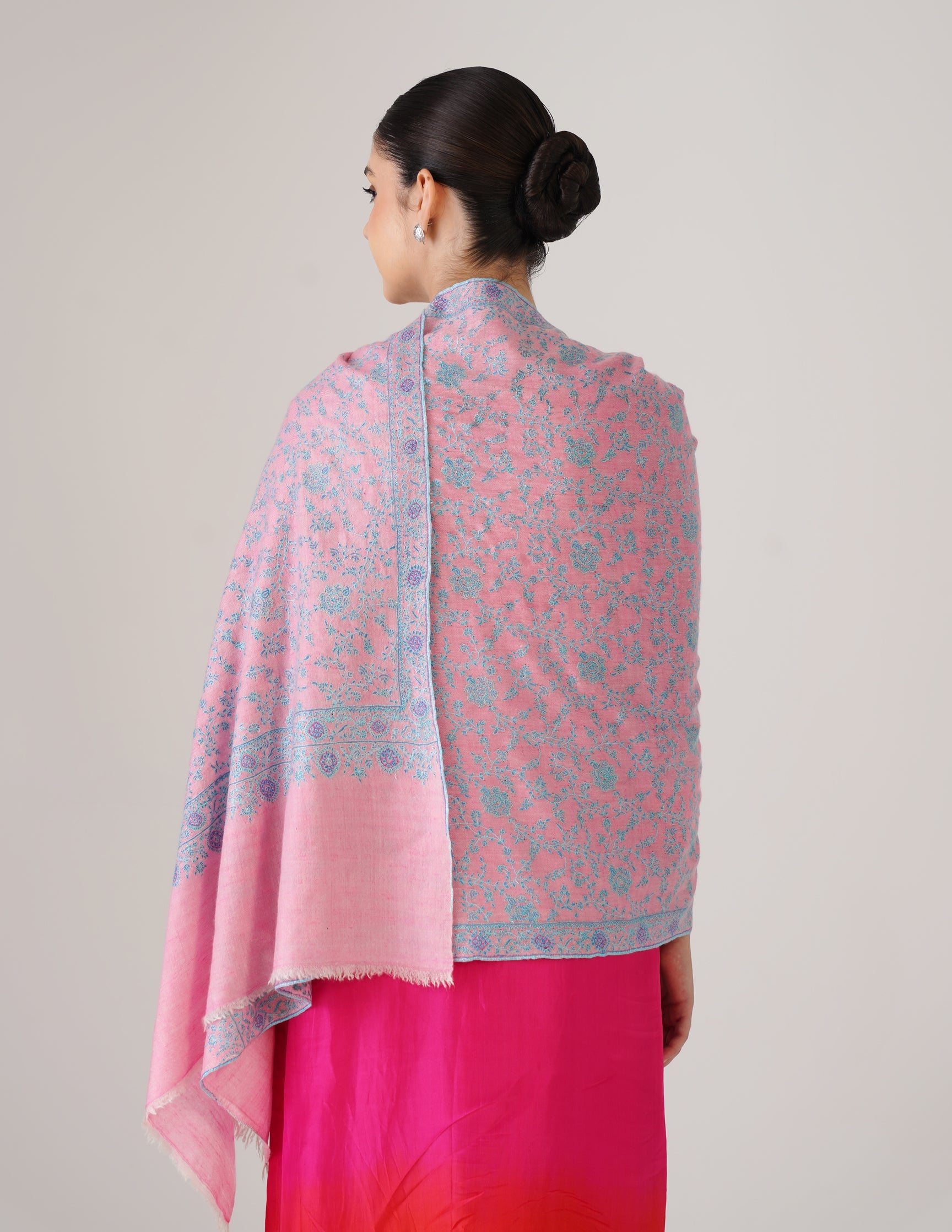 Kashmiri Handwoven Pashmina Sozni Stole Heavy Jaalidar – Pink | Handwoven Heritage