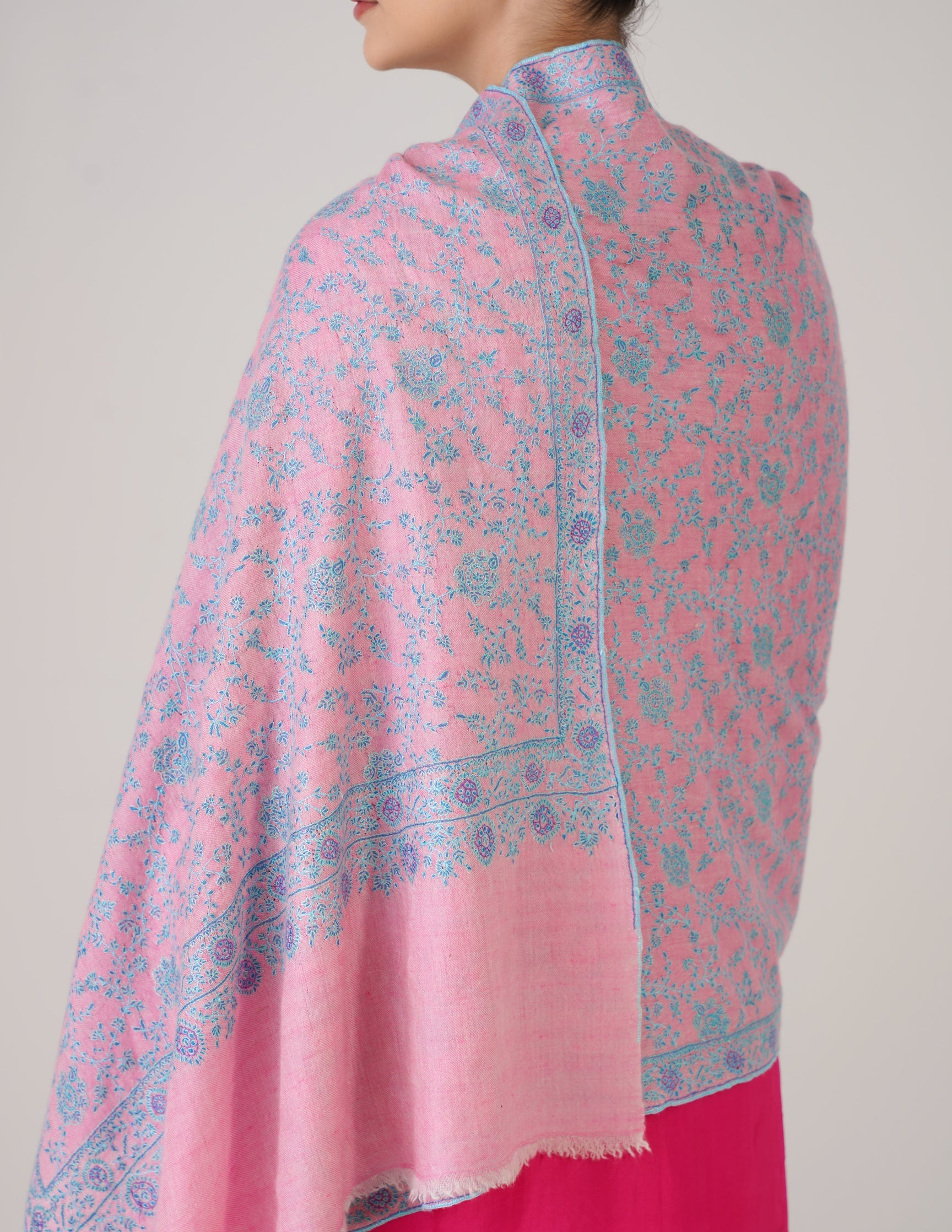 Kashmiri Handwoven Pashmina Sozni Stole Heavy Jaalidar – Pink | Handwoven Heritage