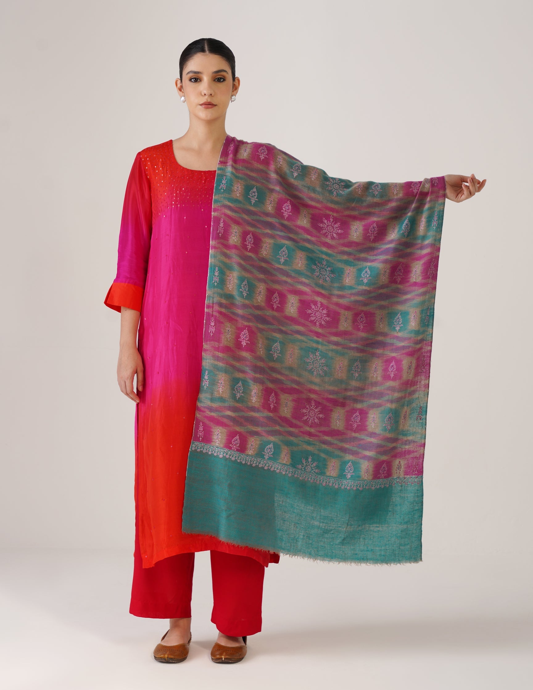 Kashmiri Handwoven Pashmina Sozni Stole Modern Ikkat – Turquoise & Purple | Handwoven Heritage