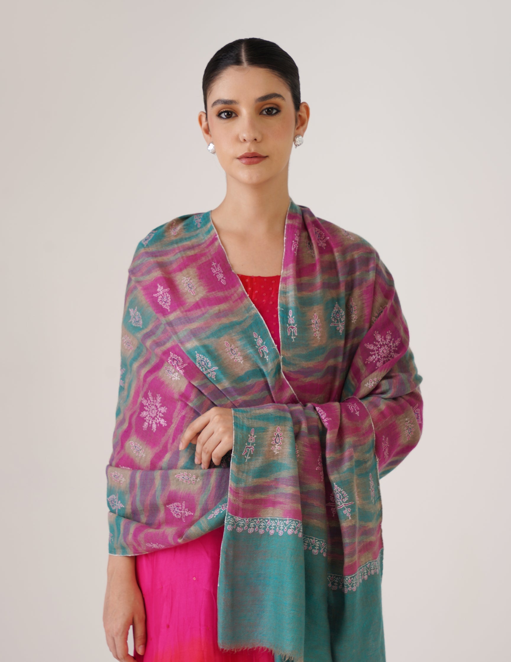 Kashmiri Handwoven Pashmina Sozni Stole Modern Ikkat – Turquoise & Purple | Handwoven Heritage