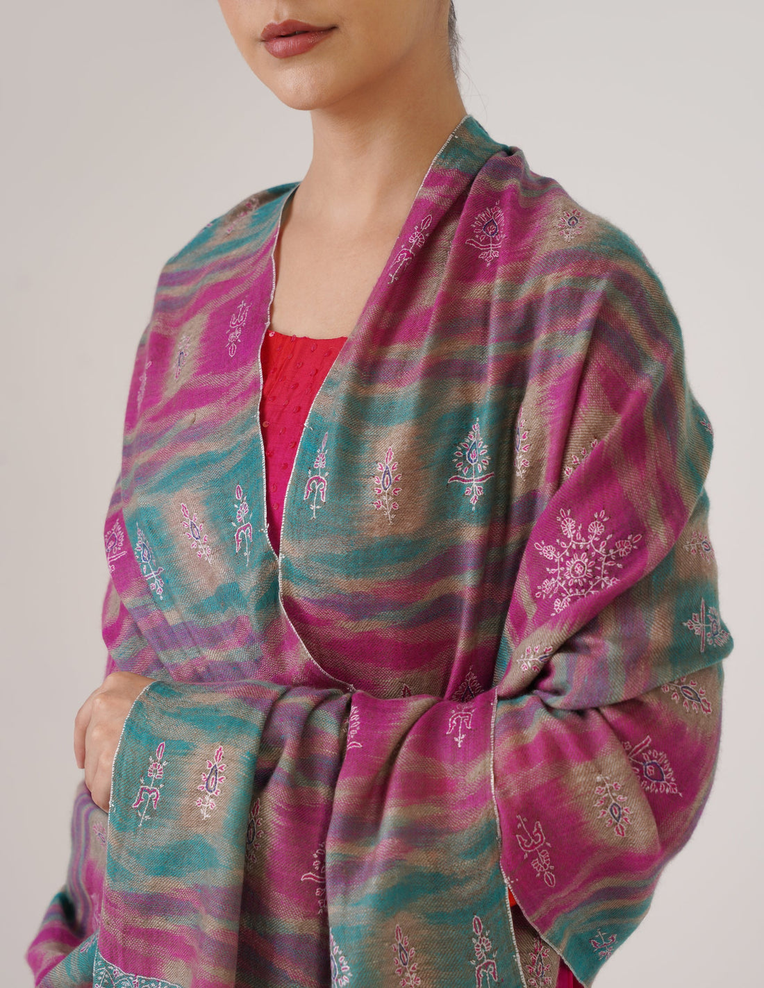 Kashmiri Handwoven Pashmina Sozni Stole Modern Ikkat – Turquoise & Purple | Handwoven Heritage