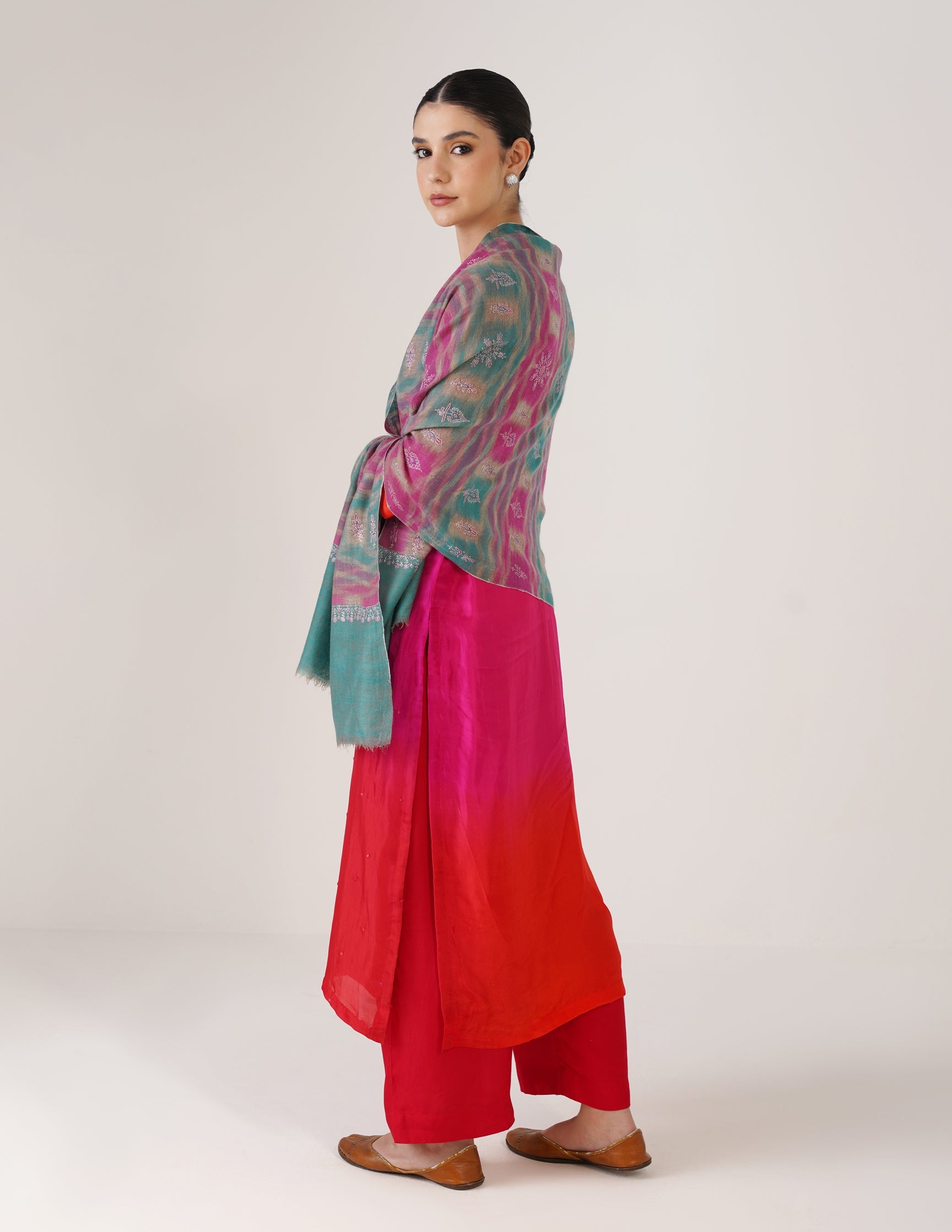 Kashmiri Handwoven Pashmina Sozni Stole Modern Ikkat – Turquoise & Purple | Handwoven Heritage