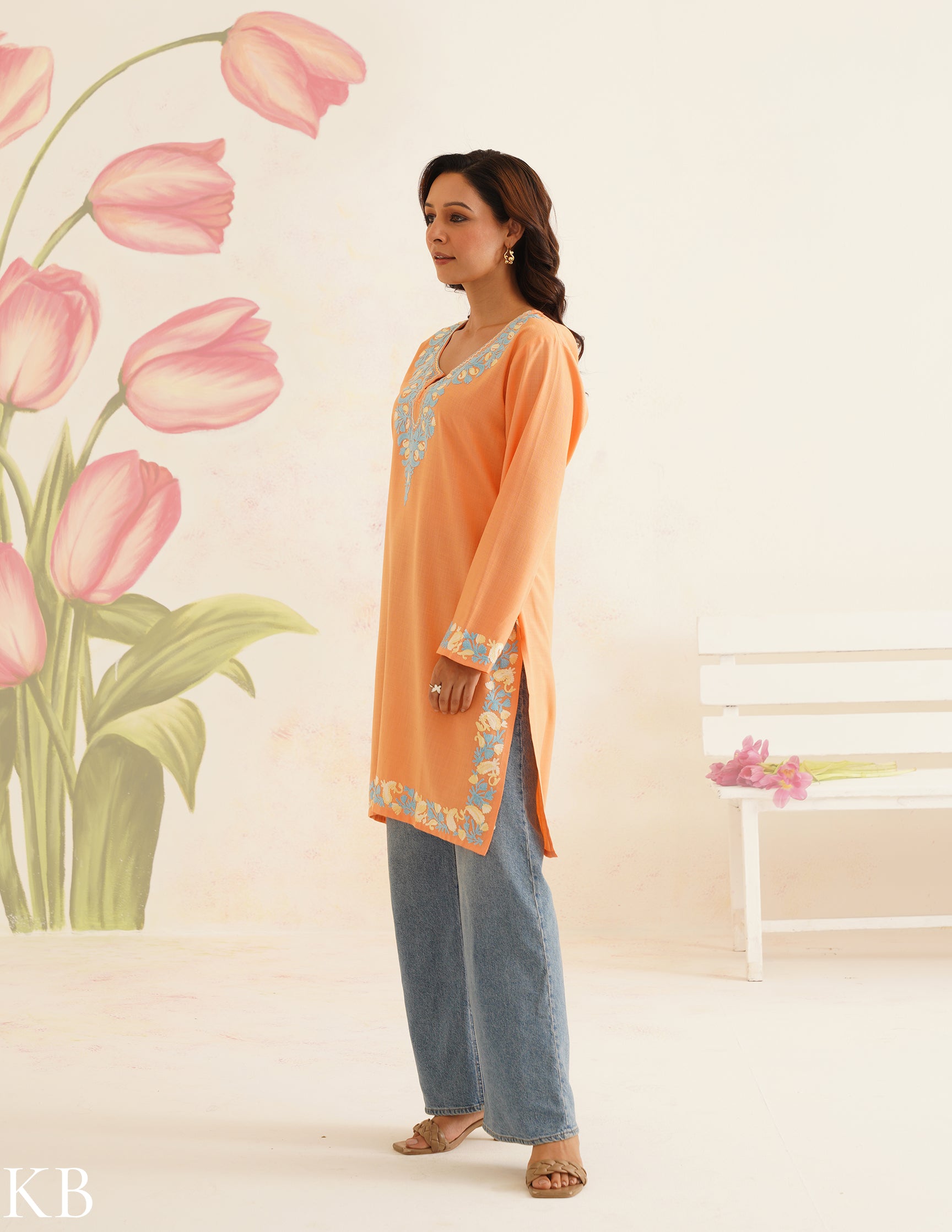 Peach Cotton Kurti with Blue Floral Embroidery | Bahaar Collection 2025