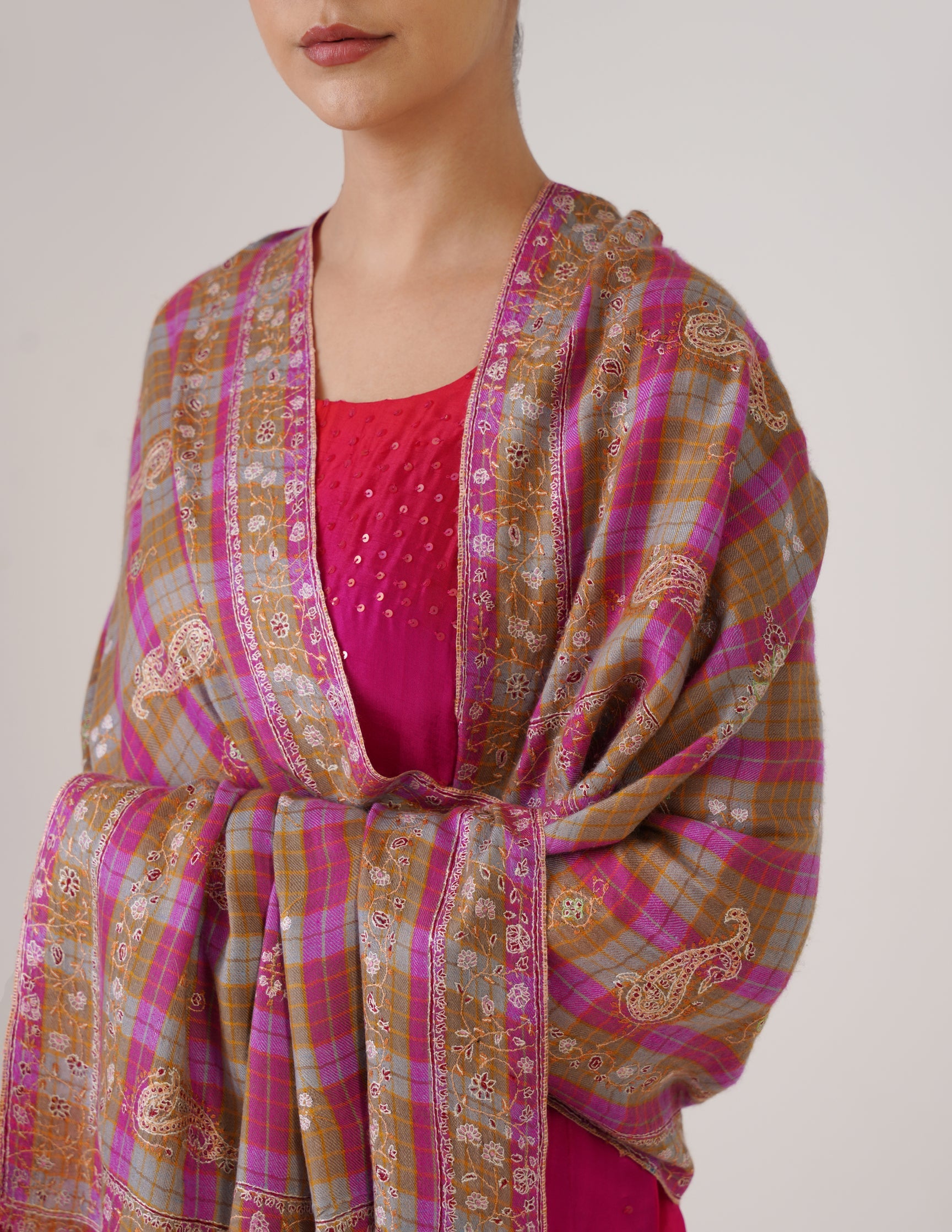 Kashmiri Handwoven Pashmina Sozni Stole Modern Check – Brown & Purple | Handwoven Heritage