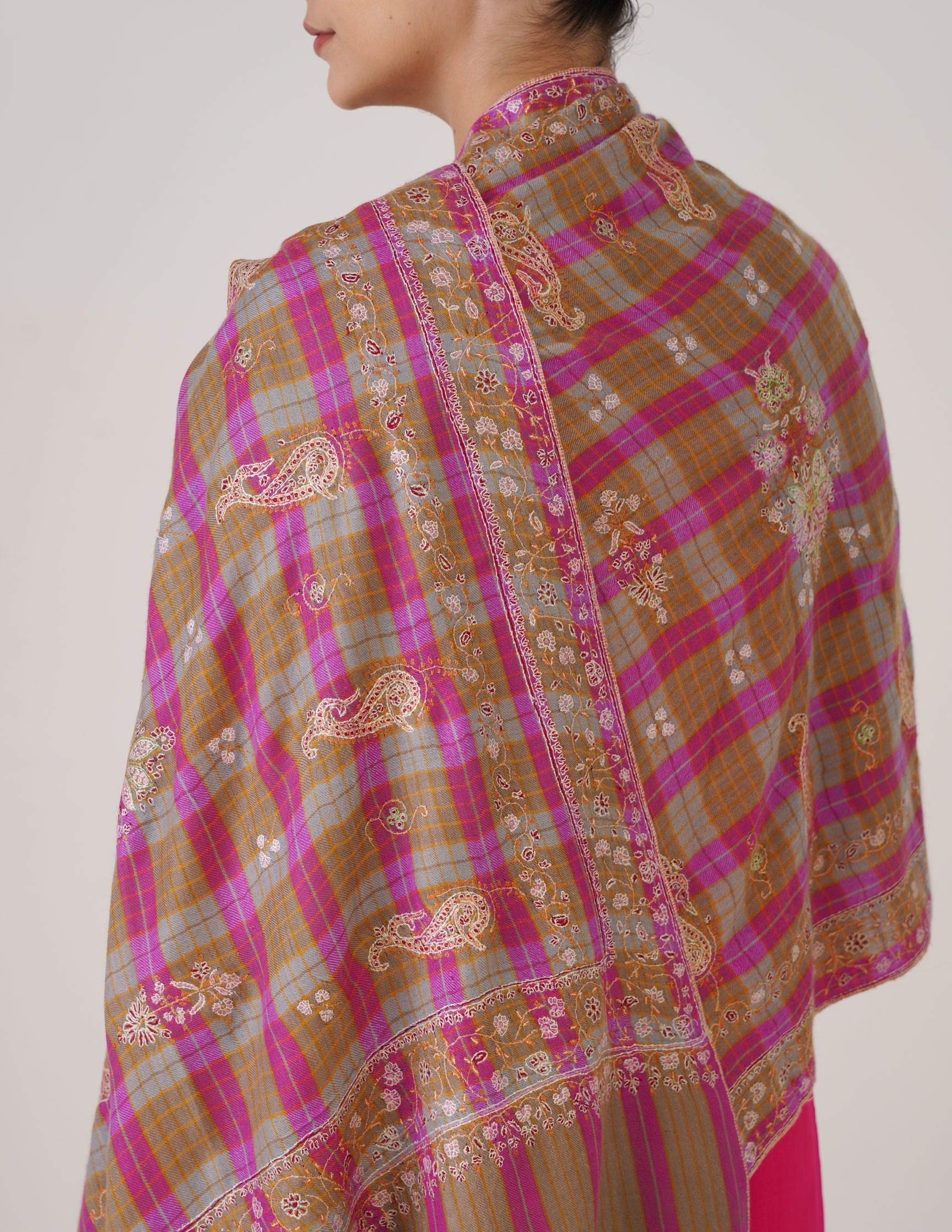 Kashmiri Handwoven Pashmina Sozni Stole Modern Check – Brown & Purple | Handwoven Heritage
