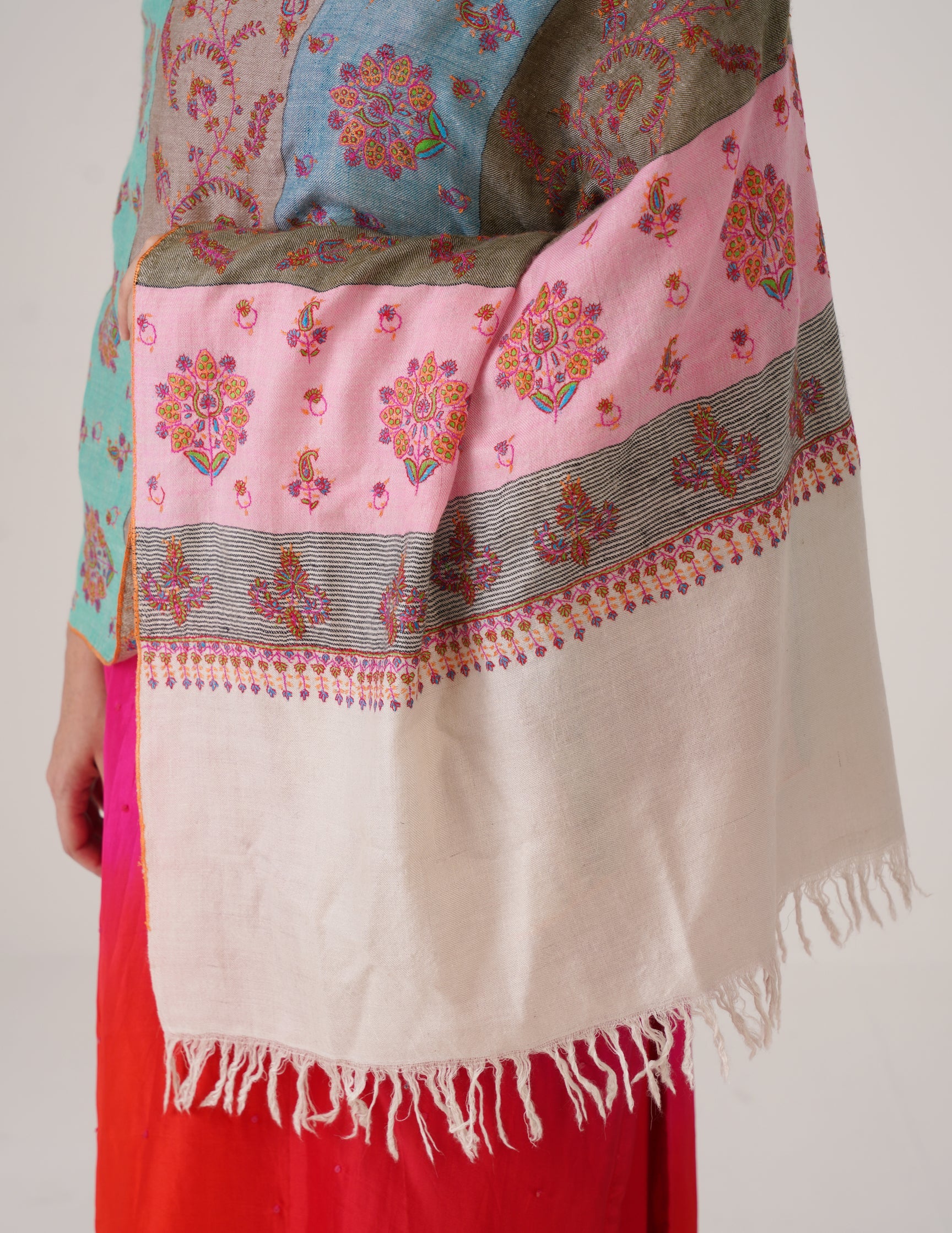 Kashmiri Handwoven Pashmina Sozni Stole Modern Stripes – Multicoloured | Handwoven Heritage
