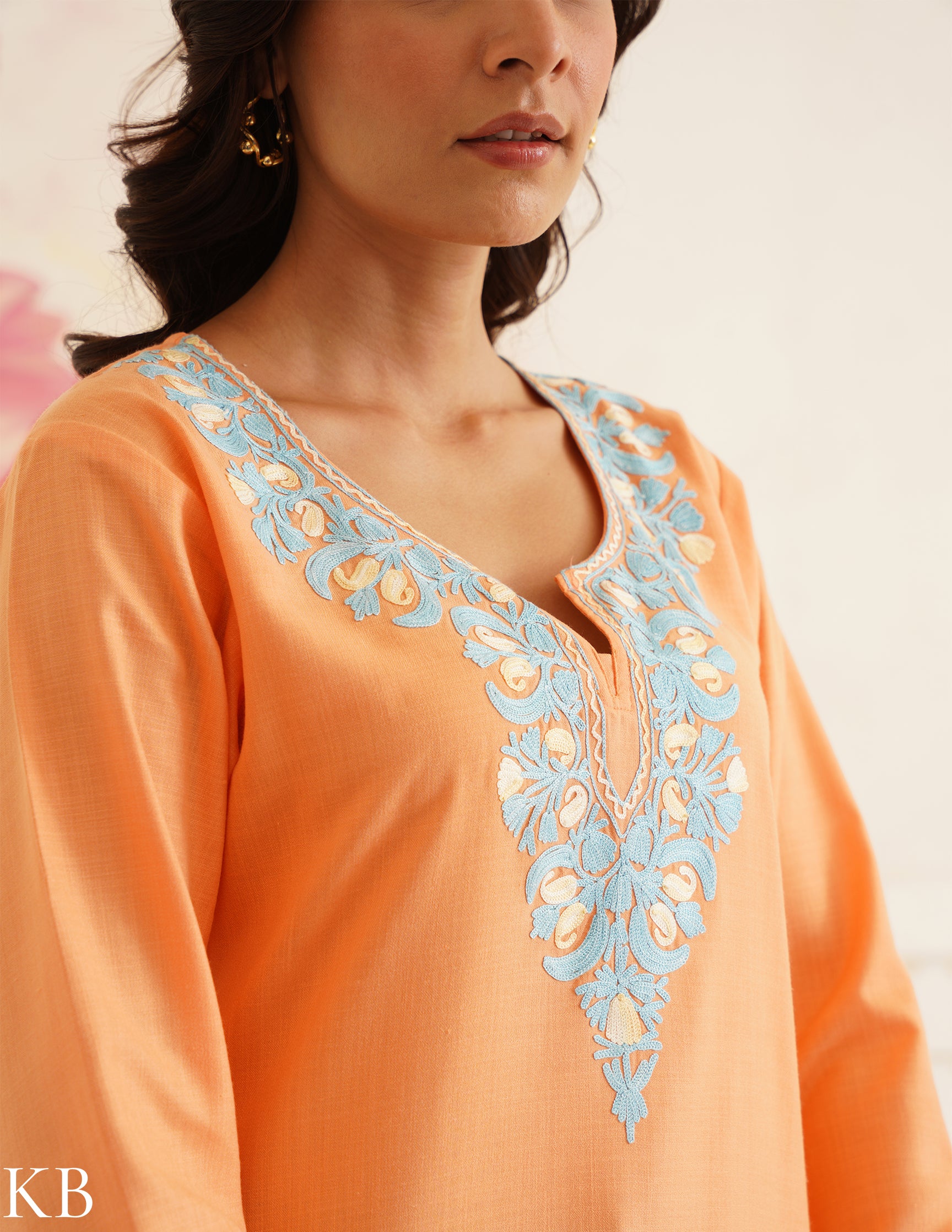 Peach Cotton Kurti with Blue Floral Embroidery | Bahaar Collection 2025