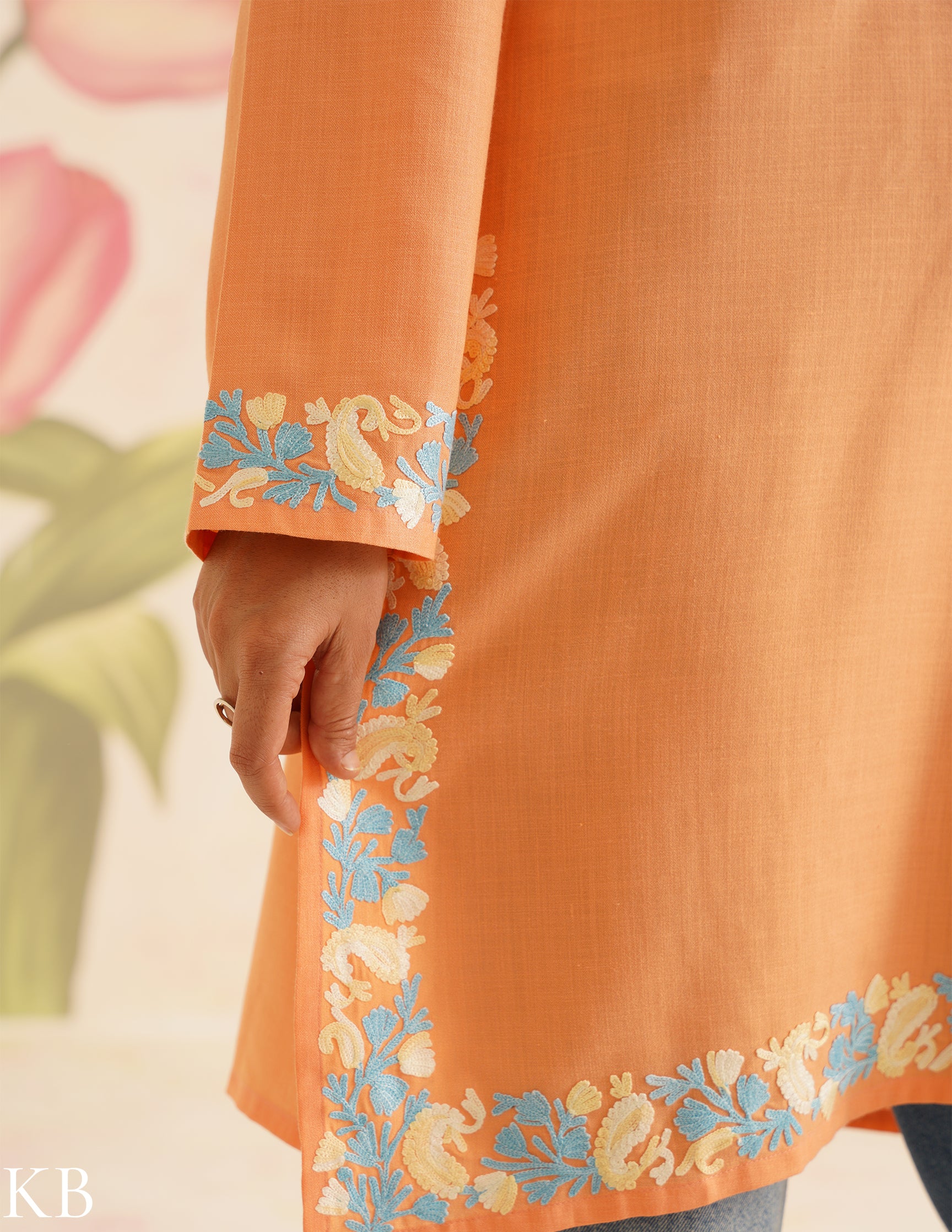 Peach Cotton Kurti with Blue Floral Embroidery | Bahaar Collection 2025