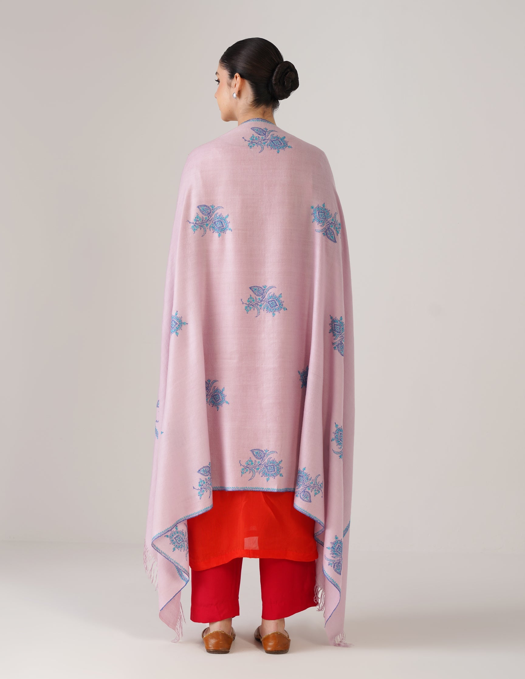 Kashmiri Handwoven Pashmina Sozni Shawl Hashidaar with Bootidar Motifs – Baby Pink | Turquoise & Blue Heritage - Kashmir Box